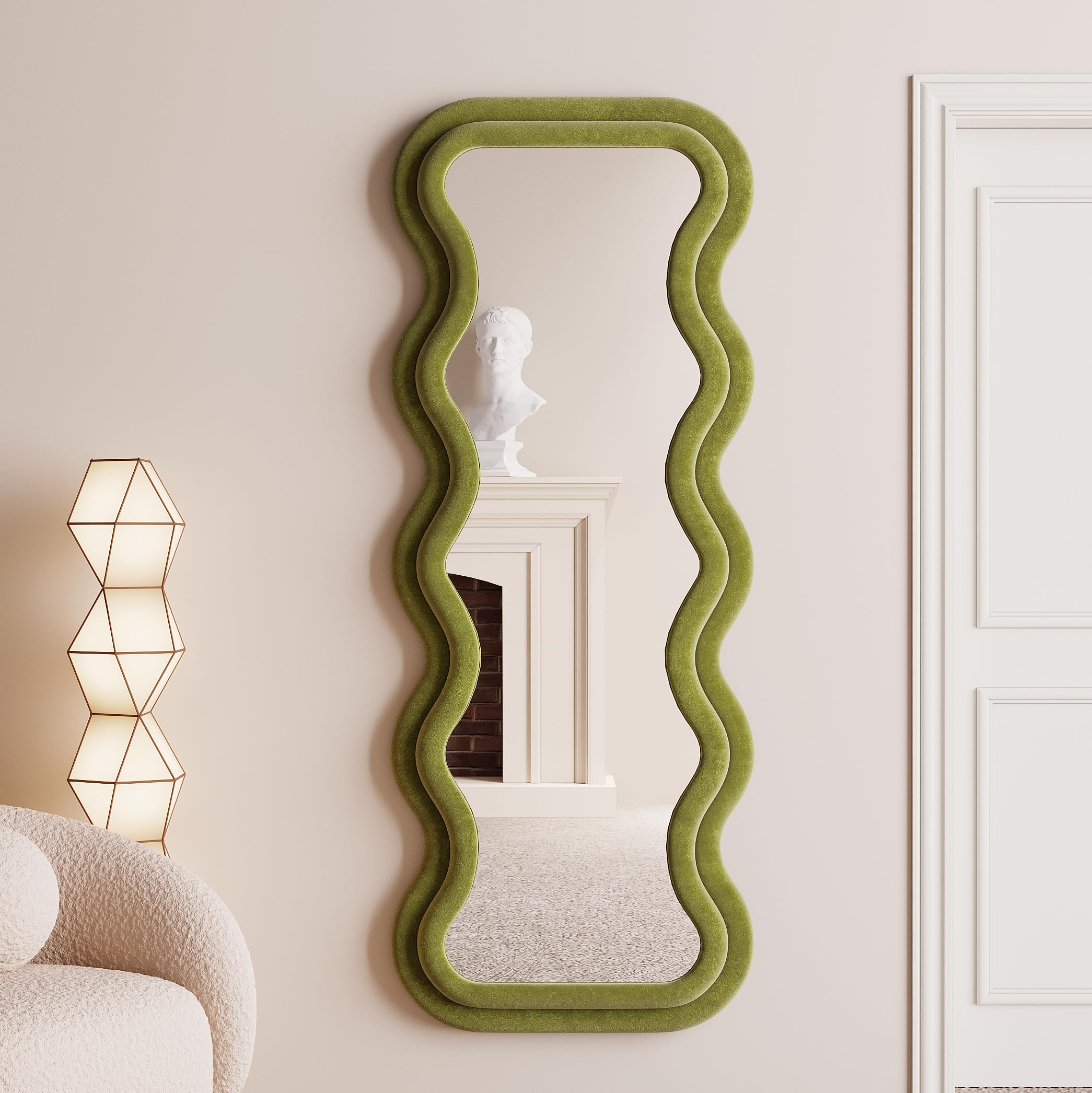 BOJOY Full Length Mirror, 63" x 24" Wall Mirror, Flannel Wrapped Wooden Frame Floor Mirror, Irregular Wavy Mirror Hanging or Leaning Against Wall for Cloakroom/Bedroom/Living Room, Black