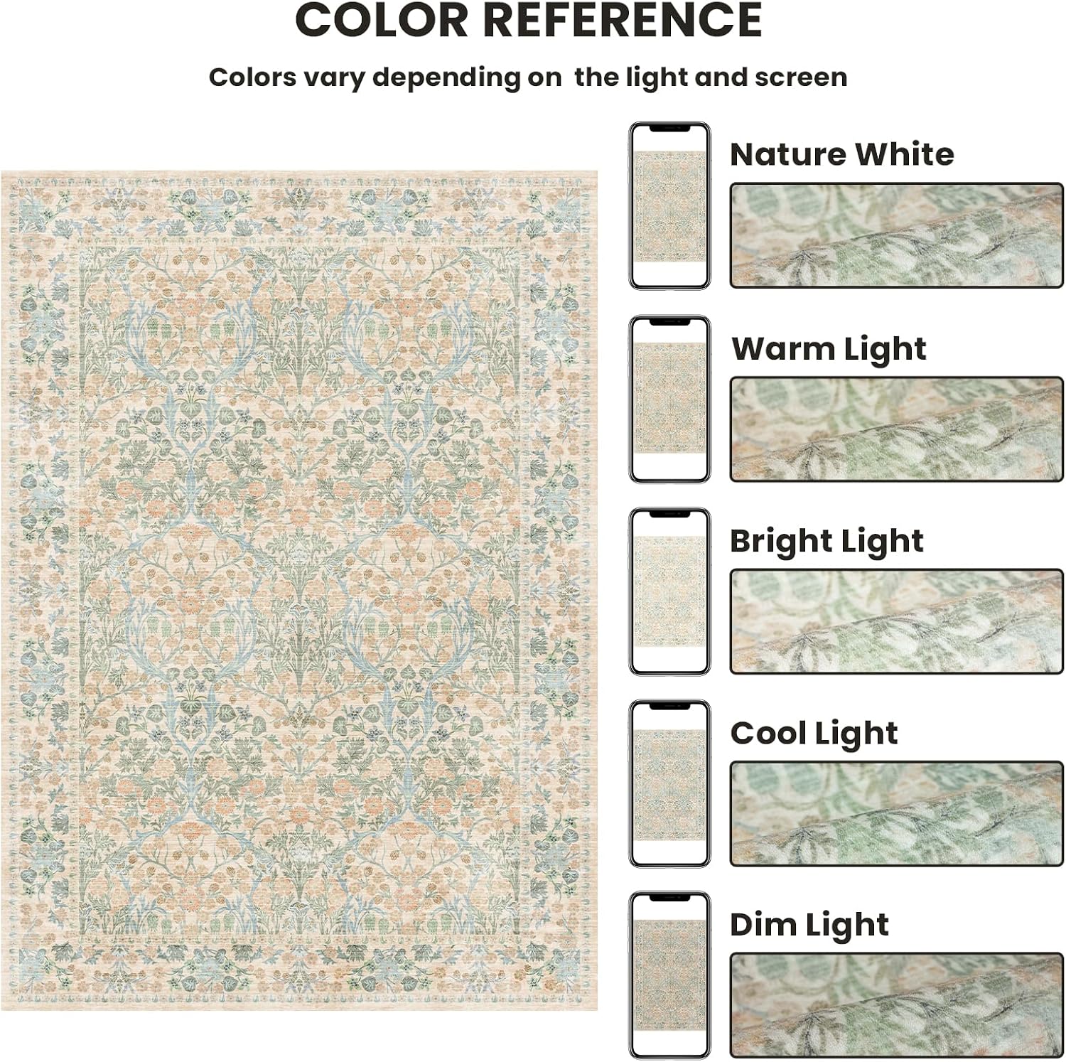 Area Rugs for Living Room - 5x7 Area Rugs, Floral Rug, Washable Rugs 5x7, Non-Slip, Stain Resistant Soft Vintage Large Carpet Low Pile Thin Rugs for Living Room Bedroom