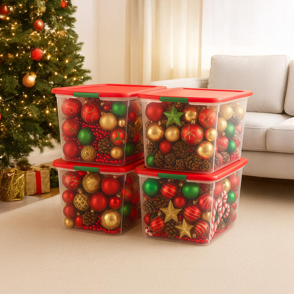 HOMZ 4-Pack Secure Latch, Clear Plastic Storage Organizer Bins, 15 Quart, Gray Lid - Stackable Container Boxes for Bedroom, Bathroom, Garage, and Office Organization