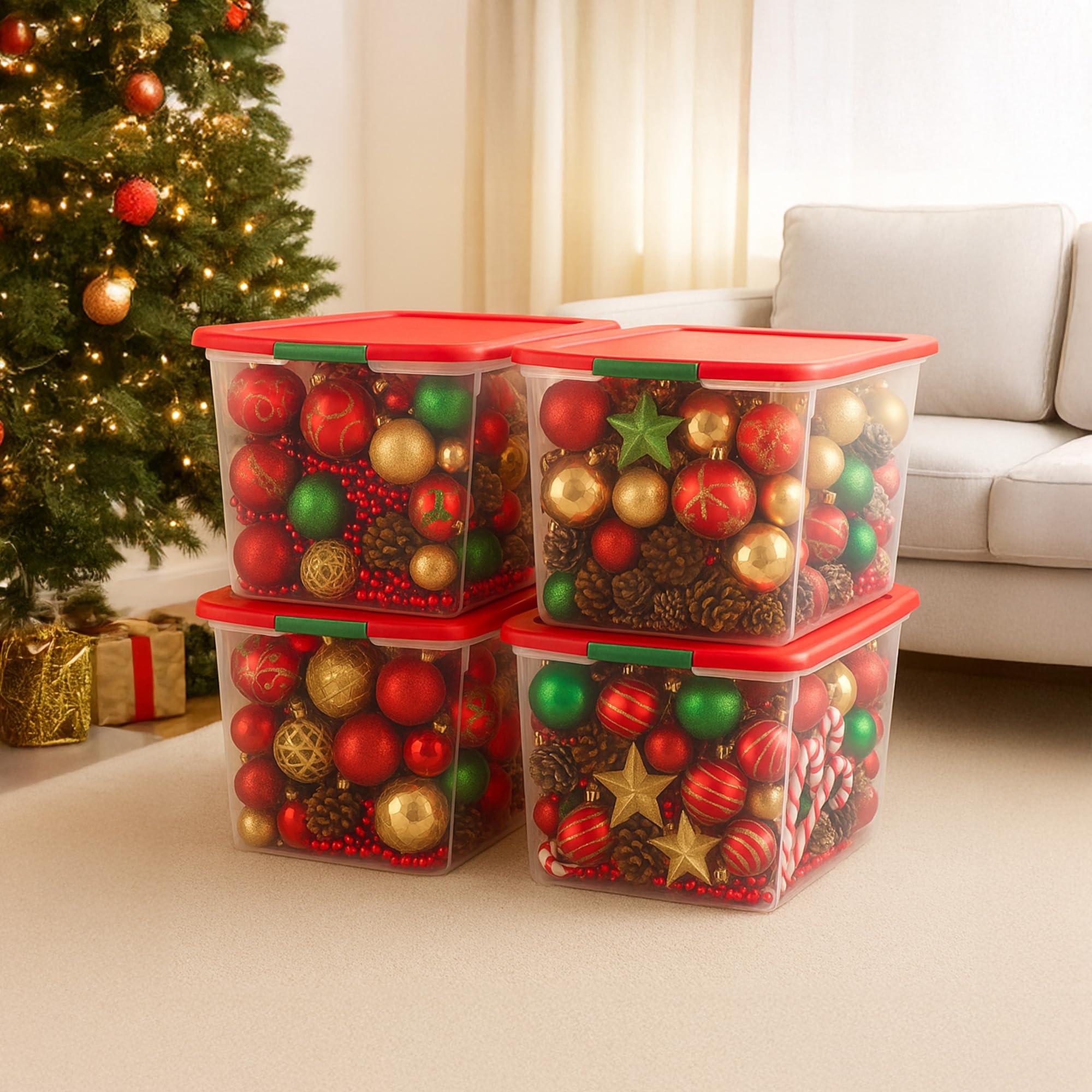 HOMZ 4-Pack Secure Latch, Clear Plastic Storage Organizer Bins, 15 Quart, Gray Lid - Stackable Container Boxes for Bedroom, Bathroom, Garage, and Office Organization