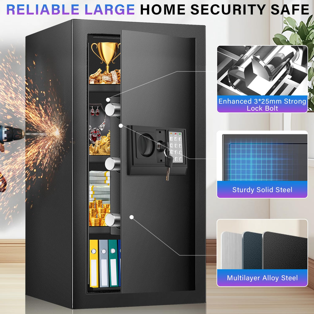 Home Safe Box, Safes with Fireproof Waterproof Bag, 9.84'' H Anti-Theft Digital Security Lock Box with Smart Alert System, Removable Shelf, Mute Function, Document Safes for Jewelry