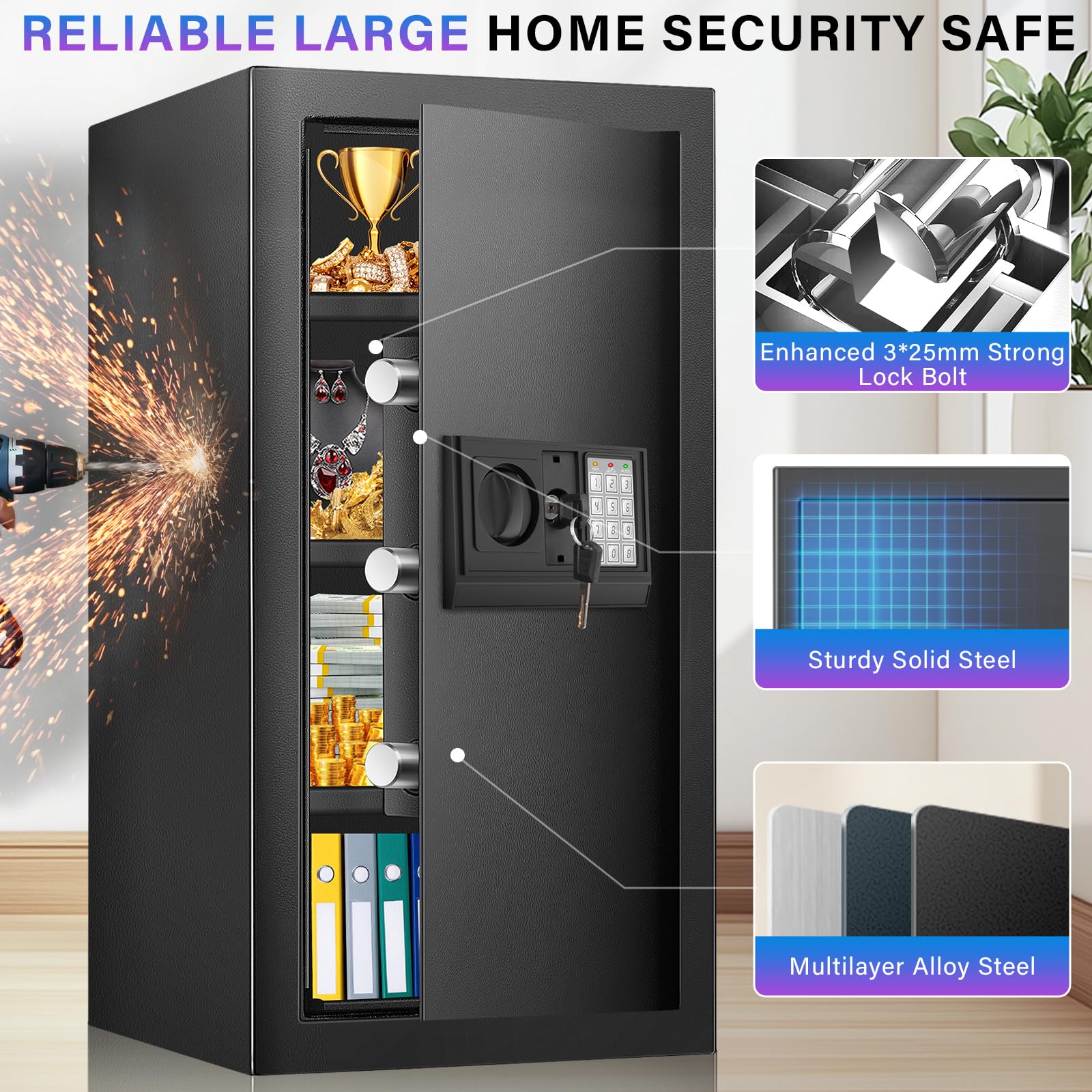 Home Safe Box, Safes with Fireproof Waterproof Bag, 9.84'' H Anti-Theft Digital Security Lock Box with Smart Alert System, Removable Shelf, Mute Function, Document Safes for Jewelry
