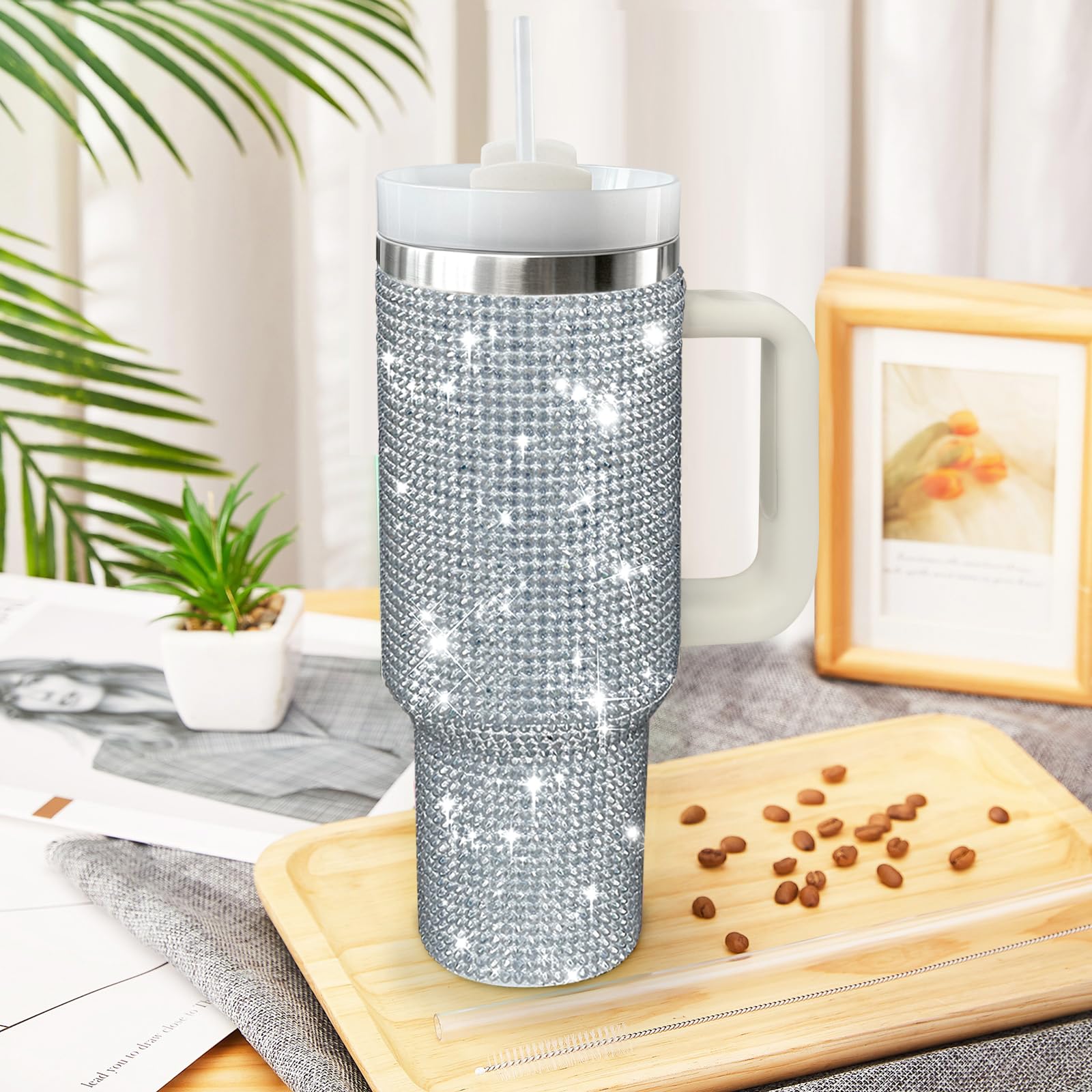 HWISDMIG 40oz Tumbler with Handle-Glitter Rhinestones Tumbler Bling Cups Stainless Steel Water Bottle Diamond Studded Tumbler for Women-Birthday Gifts for Women, Mom, Girlfriend (Amethyst)