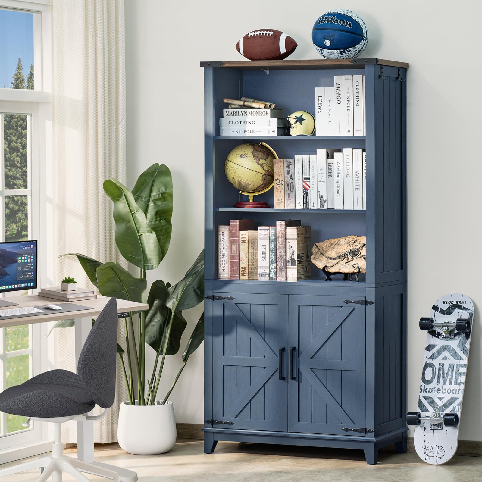 Joaxswe 70in Tall Bookshelf 5 Tier Bookcase with Barn Doors and Adjustable Shelves, Black Farmhouse Book Shelf with Storage Cabinet, Wood Freestanding Display Bookshelves for Bedroom, Living Room