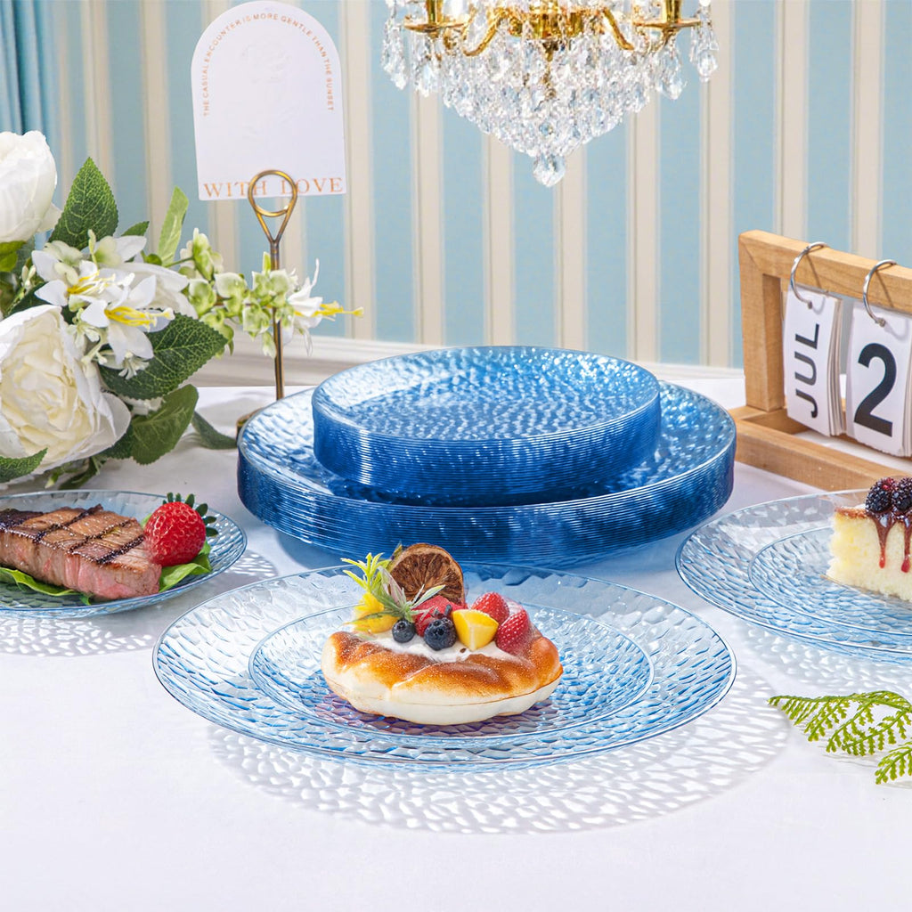 Rubtlamp 100Pcs Amber Gold Plastic Plates, Disposable Plates With Gold Rim, Heavy-duty Party Platos, Hammered Plastic Plates Include 50 Clear Dessert Plates, 50 Dinner Plates for Party