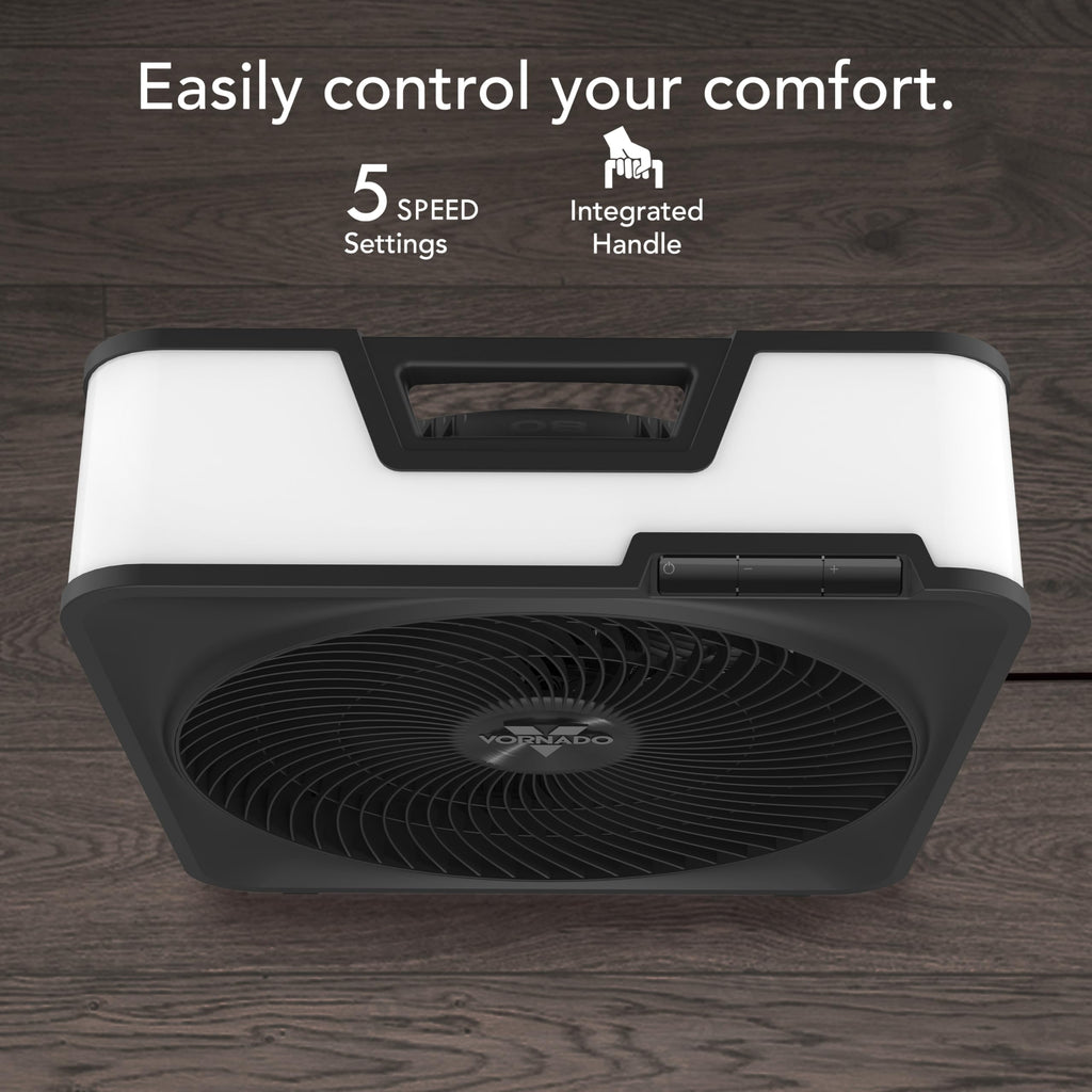 Vornado Model 80 High Velocity Electric Box Fan with Removable Grille, 5 Speed Settings, Powerful Airflow, Whole Room Air Circulation, Targeted Cooling, Cord Storage, Durable Floor Fan, Ice White