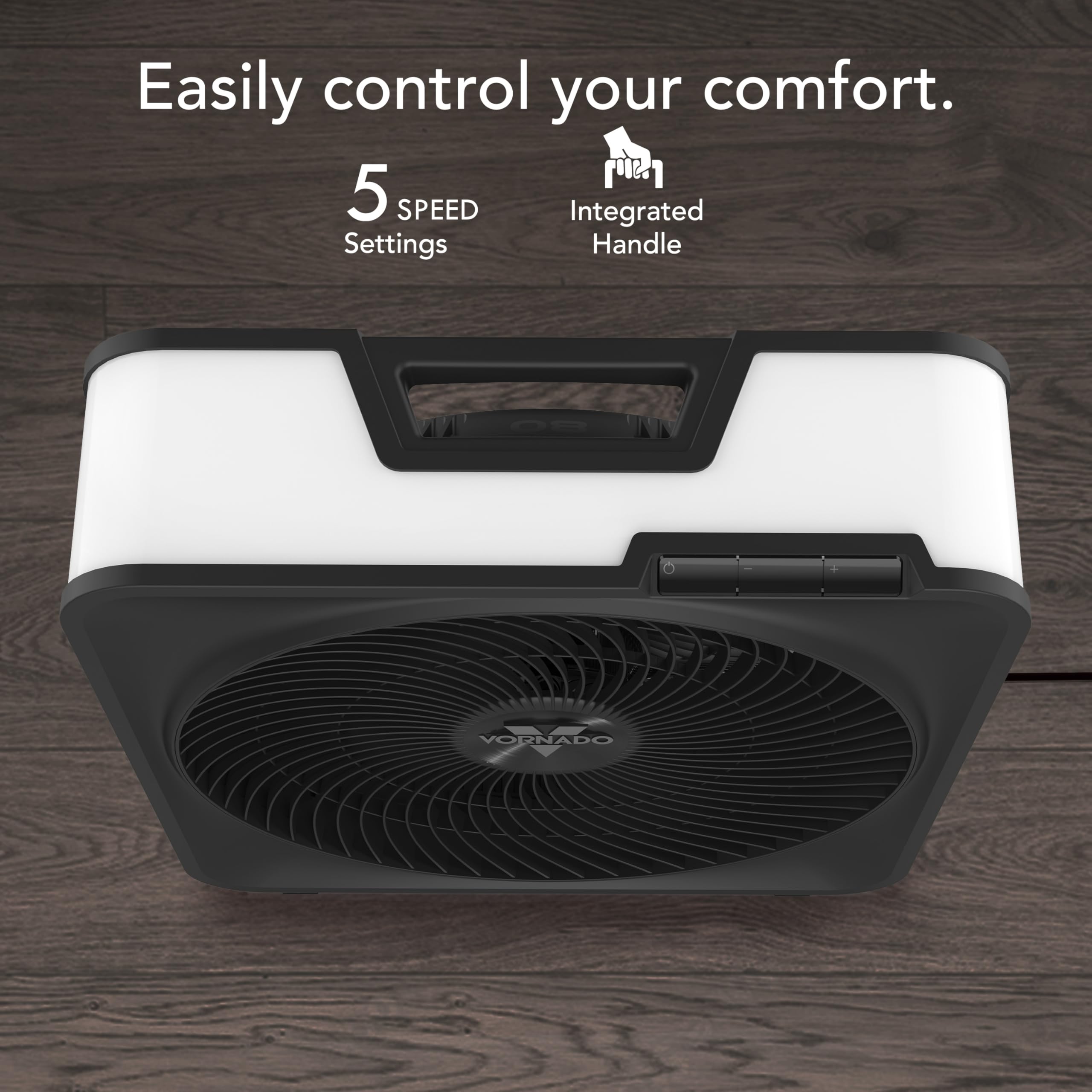 Vornado Model 80 High Velocity Electric Box Fan with Removable Grille, 5 Speed Settings, Powerful Airflow, Whole Room Air Circulation, Targeted Cooling, Cord Storage, Durable Floor Fan, Ice White