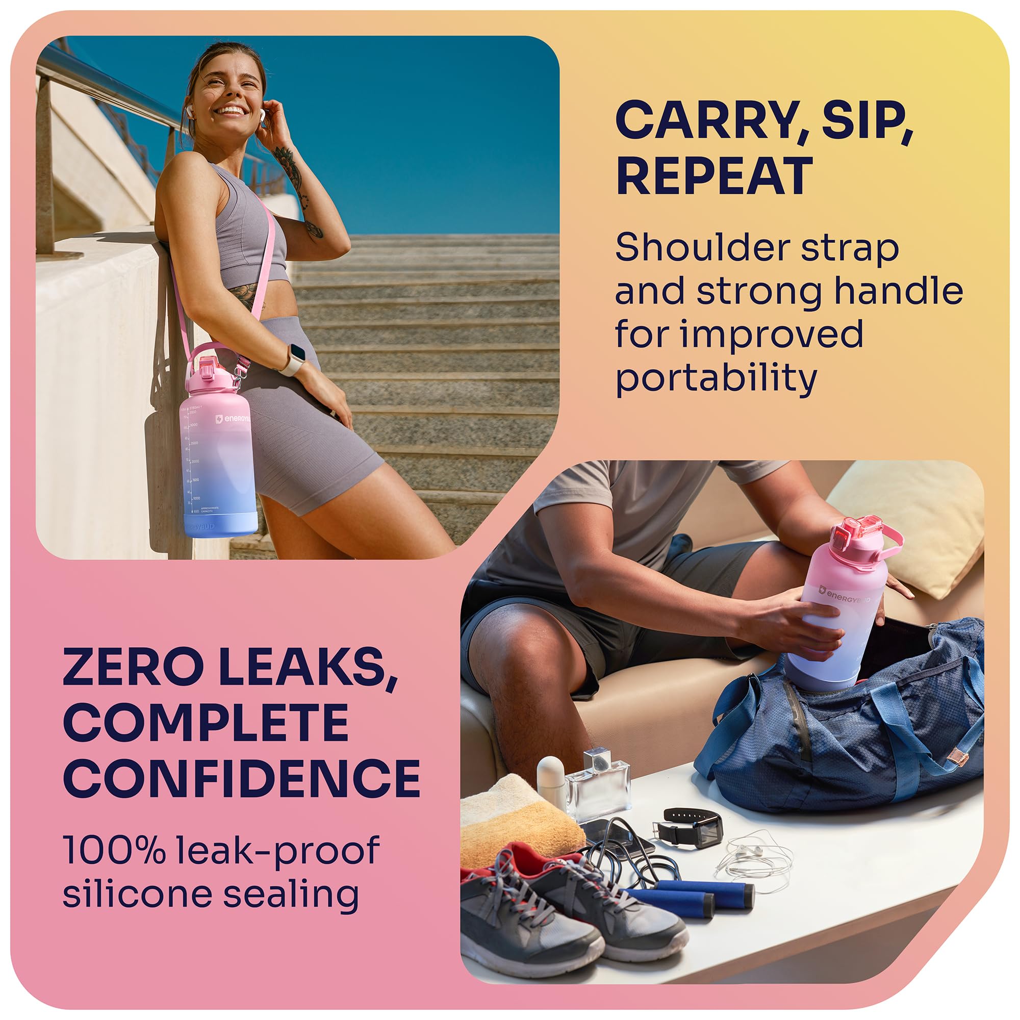 1/2 Gallon Water Bottle with 74.3 oz Capacity - Motivational Time Markers for Daily Hydration Goals - Leakproof BPA Free Tritan with Removable Straw