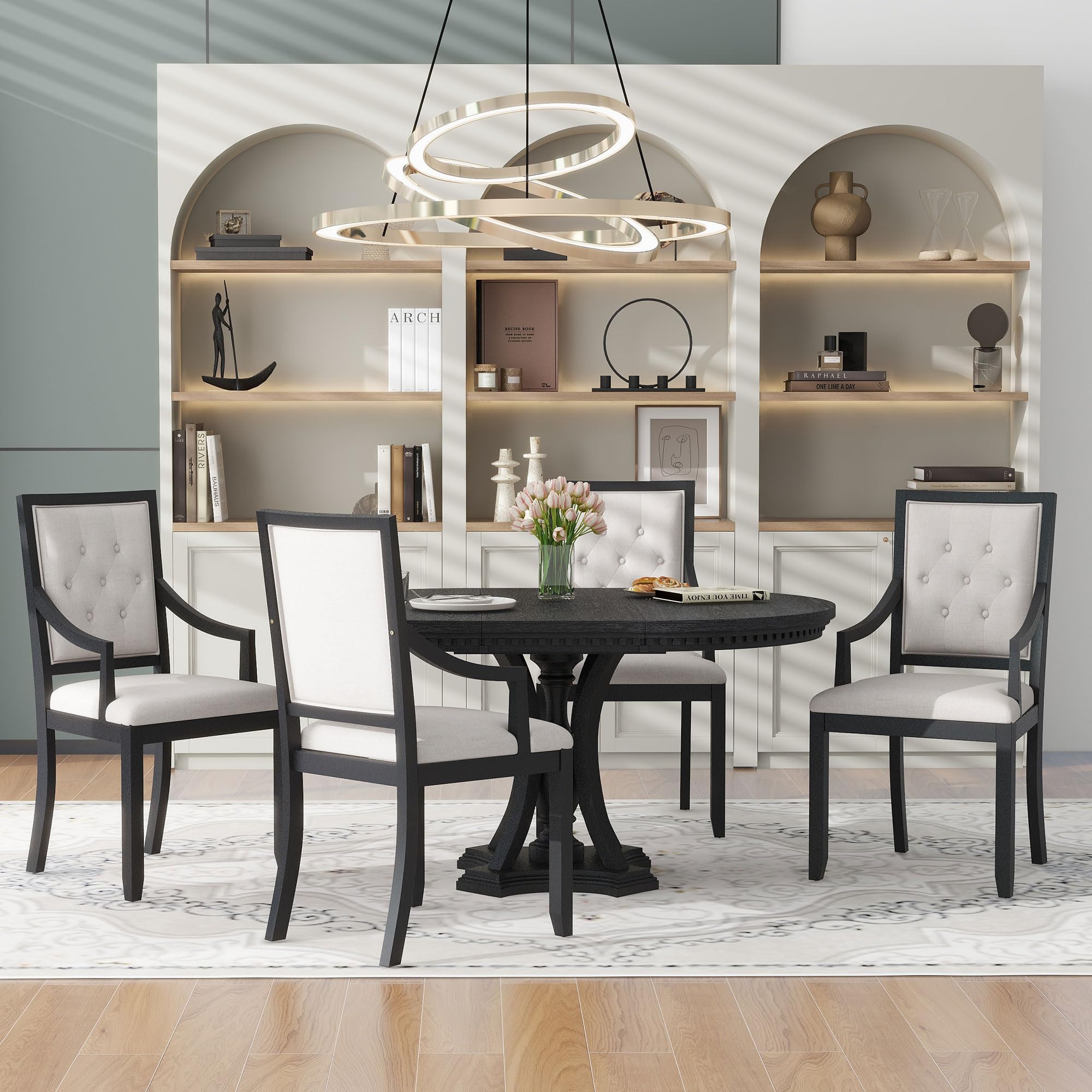 LUMISOL 5-Piece Dining Table Set for 4, Farmhouse Round Kitchen Table Set with Special Shaped Legs and 4 Upholstered Chairs for Kitchen, Dining Room, Small Space, Antique Blue