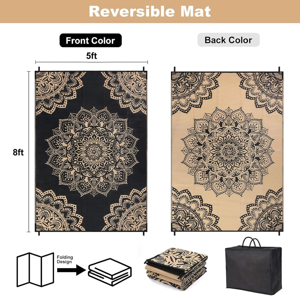 Yamaziot Waterproof Outdoor Rug 5x8 ft, Reversible Plastic Straw Rug for Patio Clearance, Camping, RV Mat, Outside Rug Carpet for Porch, Deck, Backyard, Balcony, Picnic,Black Brown