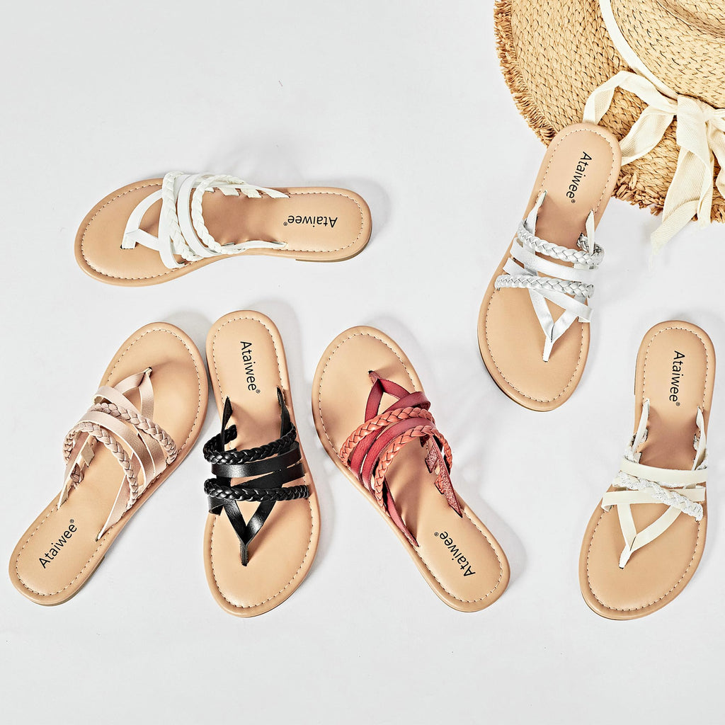 Ataiwee Women's Casual Flat Slide Sandals - Dressy Comfortable Criss Cross Strappy Summer Sandals,Open Toe Multi Strap Beach Flat Thong Sandals.