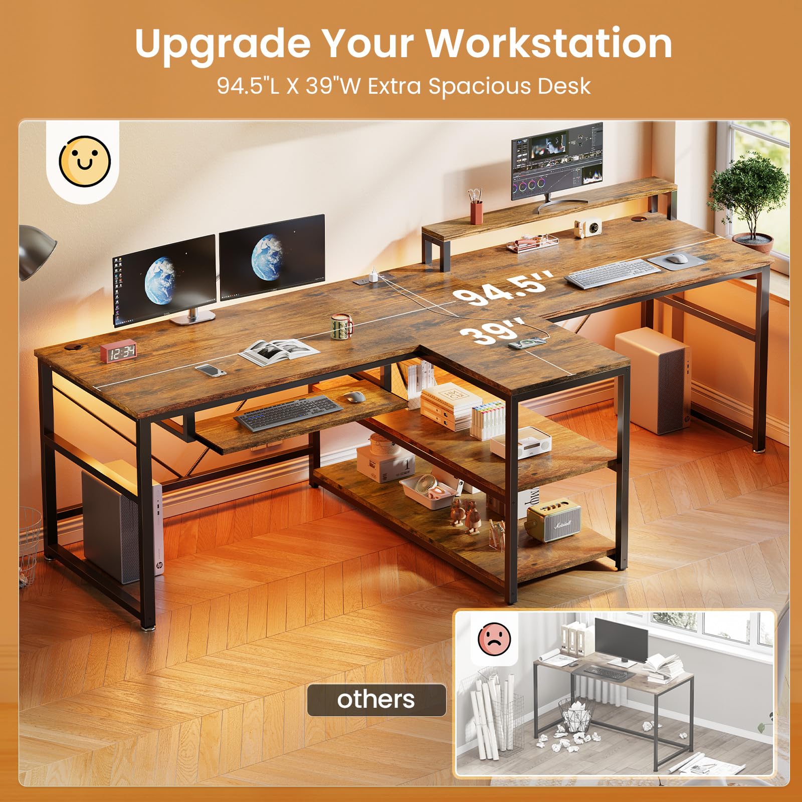 SEDETA 94.5" Office Computer Desk, 2 Person Gaming Desk with Storage, LED Lights, Keyboard Tray, Power Strip with USB & Monitor Stand, Long Two Person Desk for Home Office, Black