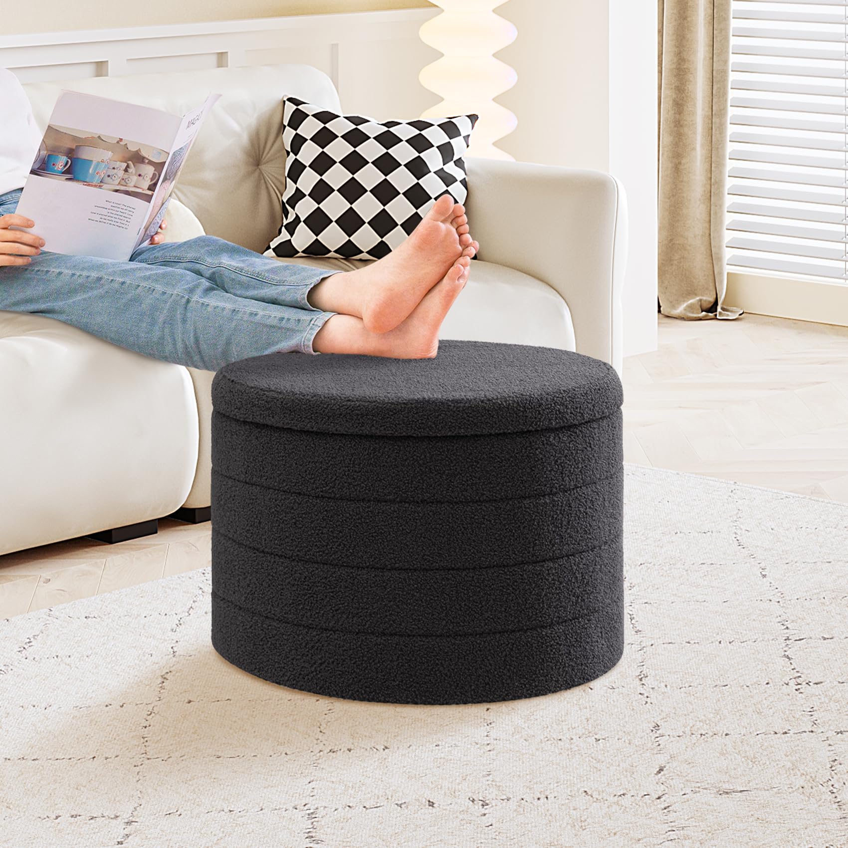 PINPLUS Round Storage Ottoman Foot Rest Stool with Tray Velvet Sherpa Folding Storage Ottoman,Boucle Foot Rest for Living Room, Bedroom, Dorm（Beige）
