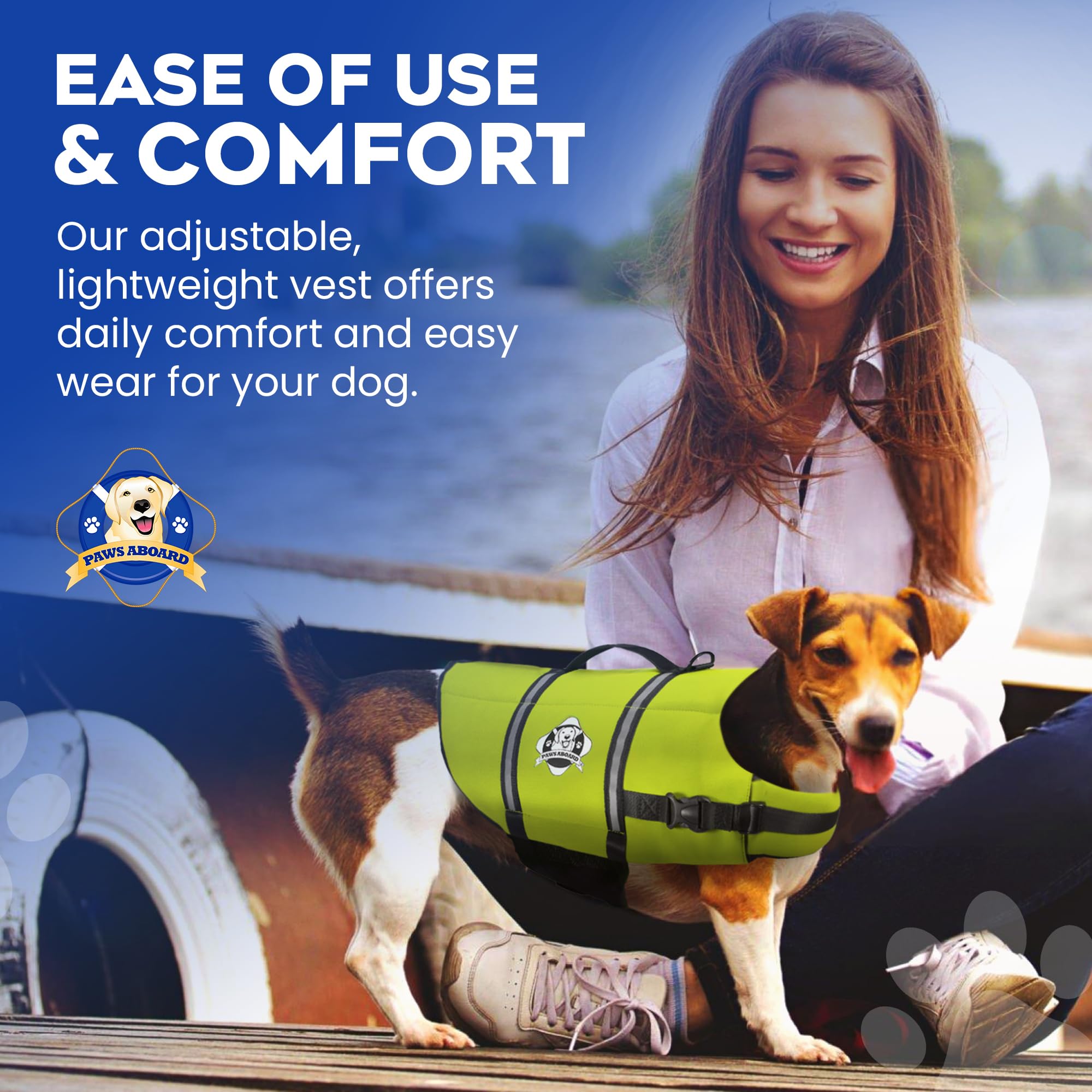 Dog Life Jacket — Premium Swim Vest with SafeChin Anti-Choke Collar | PAWS Aboard Blue & Yellow | RapidLift Rescue Handle, D-Ring, Reflective Trim | Boating, Kayaking, Pool | XX-Small (Under 6 lbs)
