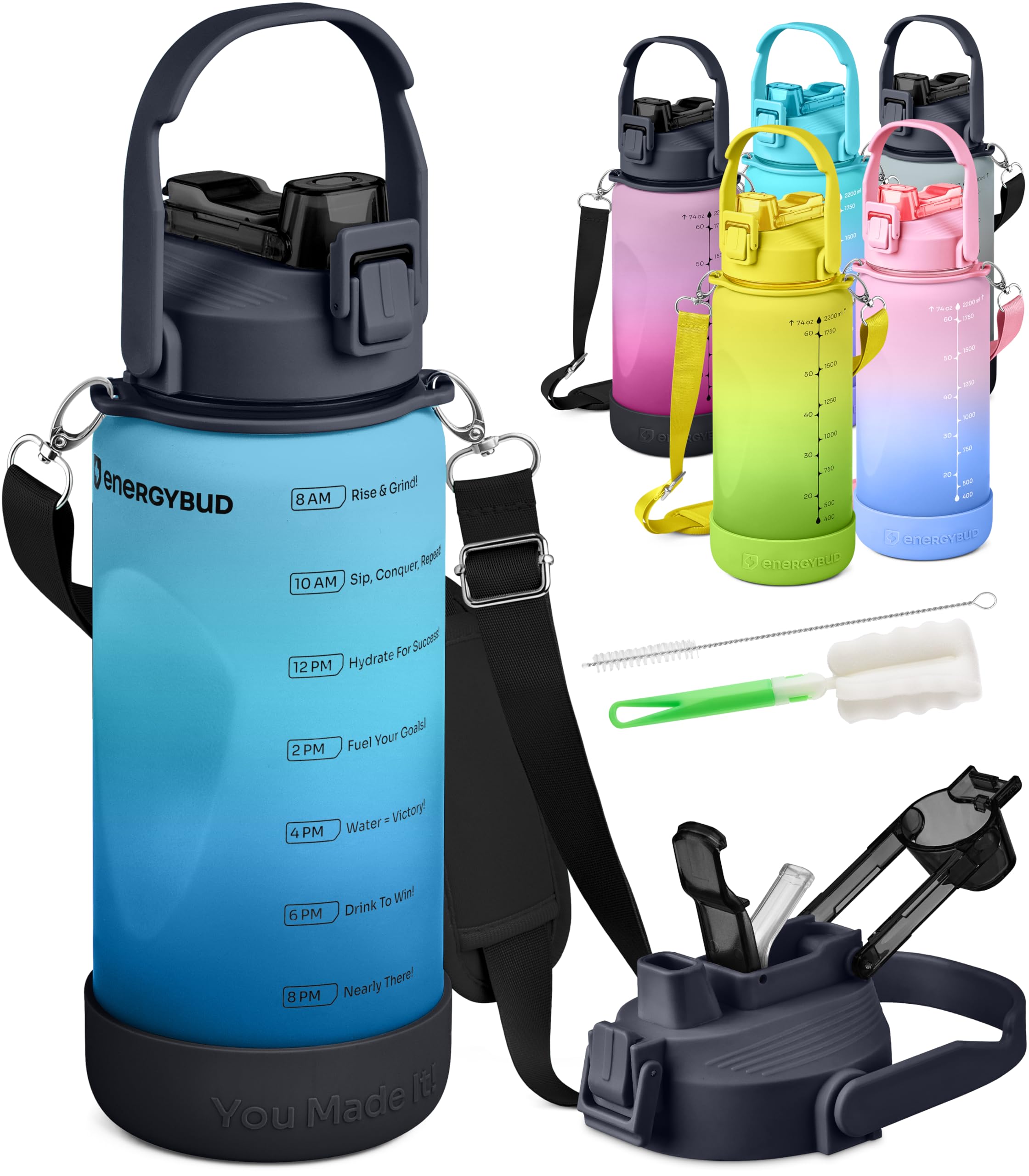 1/2 Gallon Water Bottle with 74.3 oz Capacity - Motivational Time Markers for Daily Hydration Goals - Leakproof BPA Free Tritan with Removable Straw