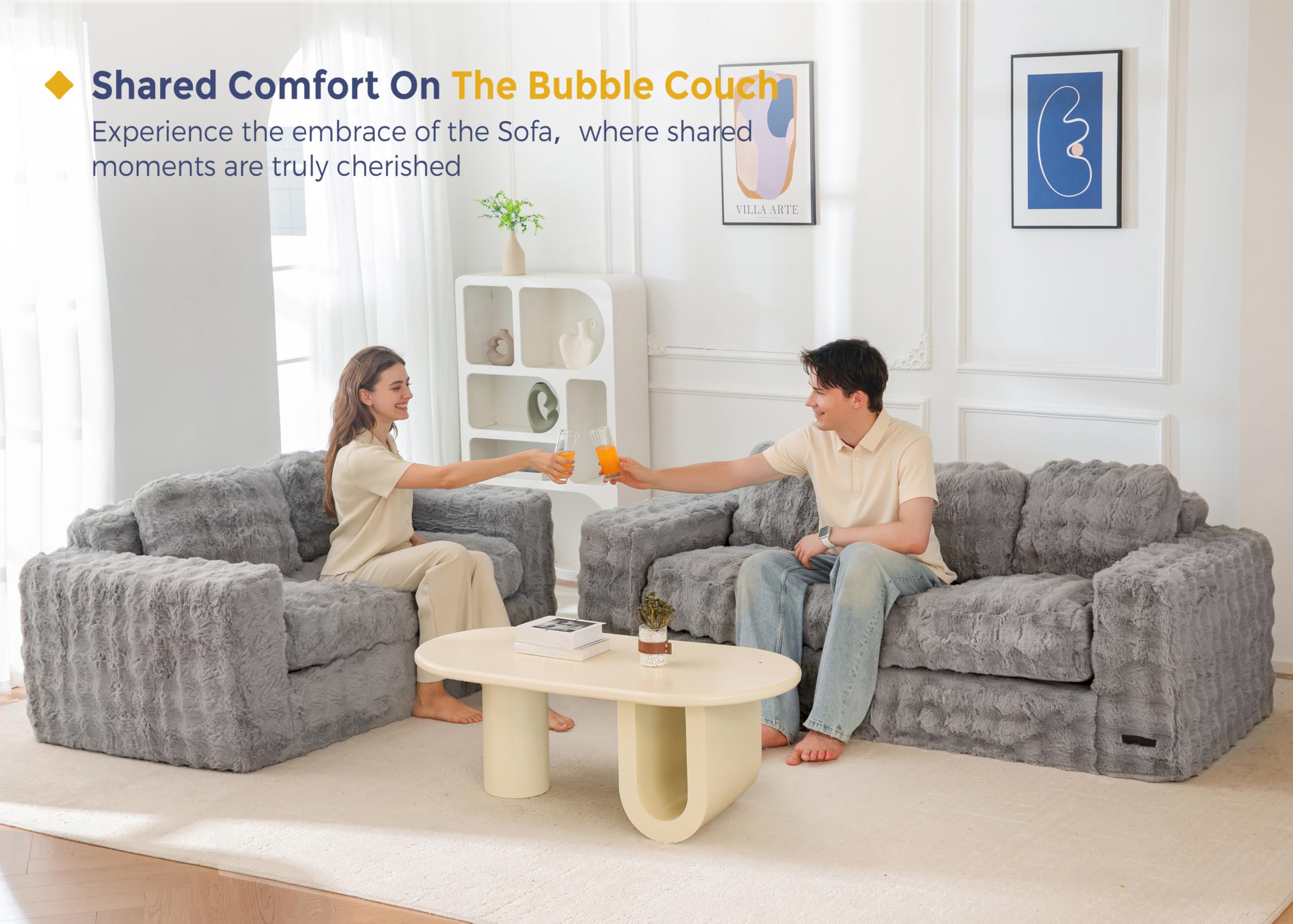 MAXYOYO 3 Seater Sofa Couch for Living Room, Tufted Boneless Couch Sofa Couch, Comfy Bubbled Bean Bag Chair for Apartment, No Assembly Needed, Beige