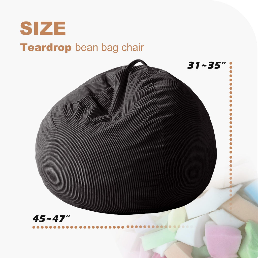 Homguava Bean Bag Chair,Teardrop Bean Bags Small Beanbag Chair with Memory Foam Filled and Ultra Soft Corduroy Cover for Living Room, Bedroom (Black 2FT)