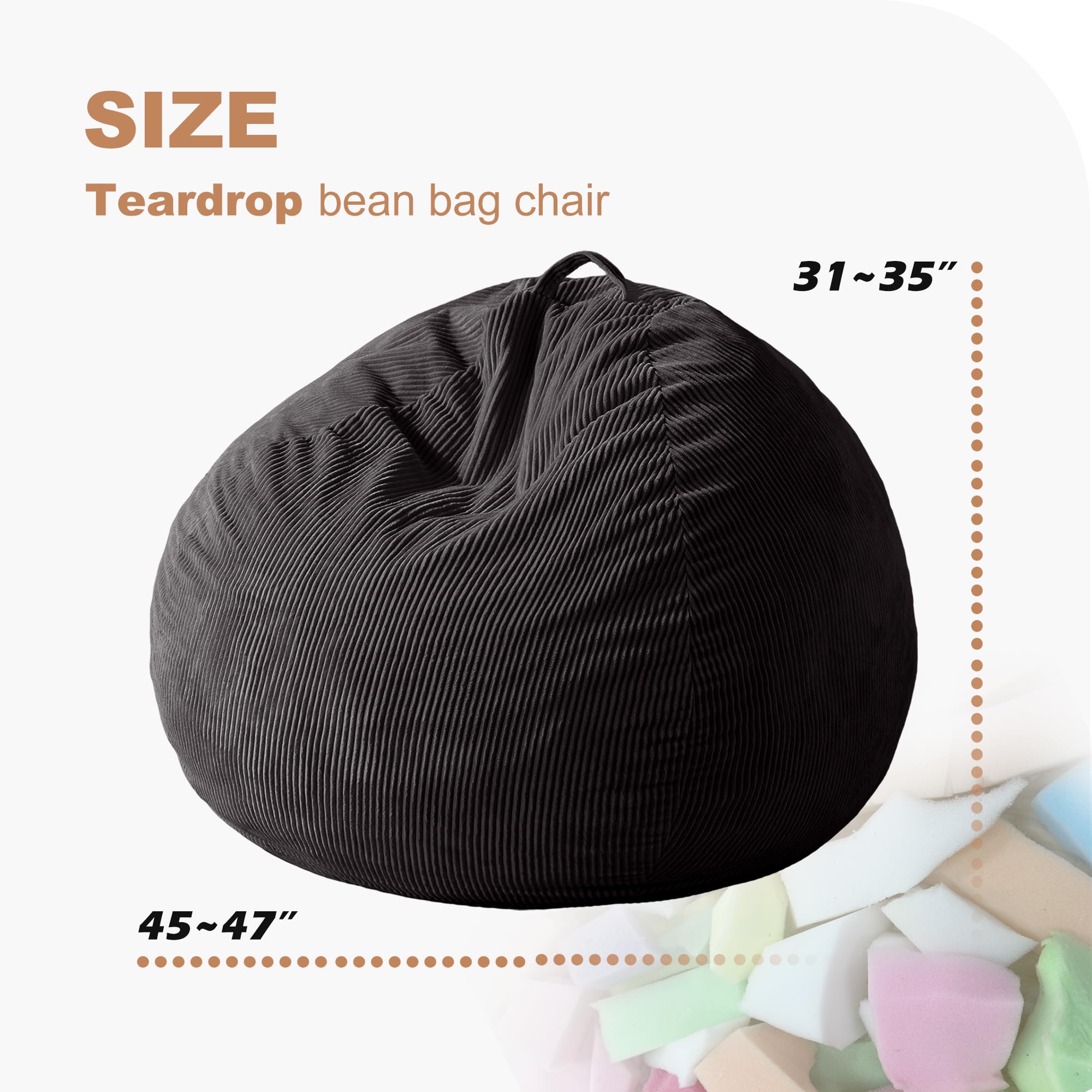 Homguava Bean Bag Chair,Teardrop Bean Bags Small Beanbag Chair with Memory Foam Filled and Ultra Soft Corduroy Cover for Living Room, Bedroom (Black 2FT)