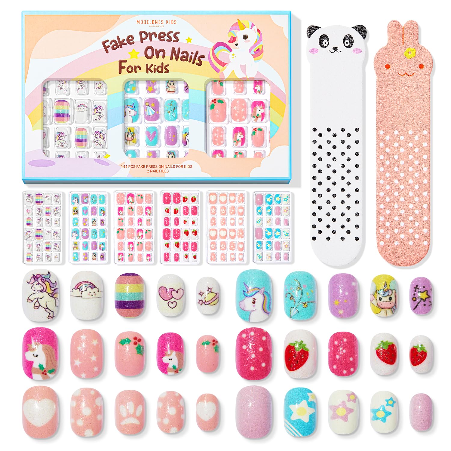 Modelones Press on Nails for Kids 144Pcs 6 Pack Children Acrylic Fake Nails Pre-glue Full Cover Glitter Gradient Color Heart Cat Short False Nail Art Kits Sets Christmas Gifts for Kids Girls
