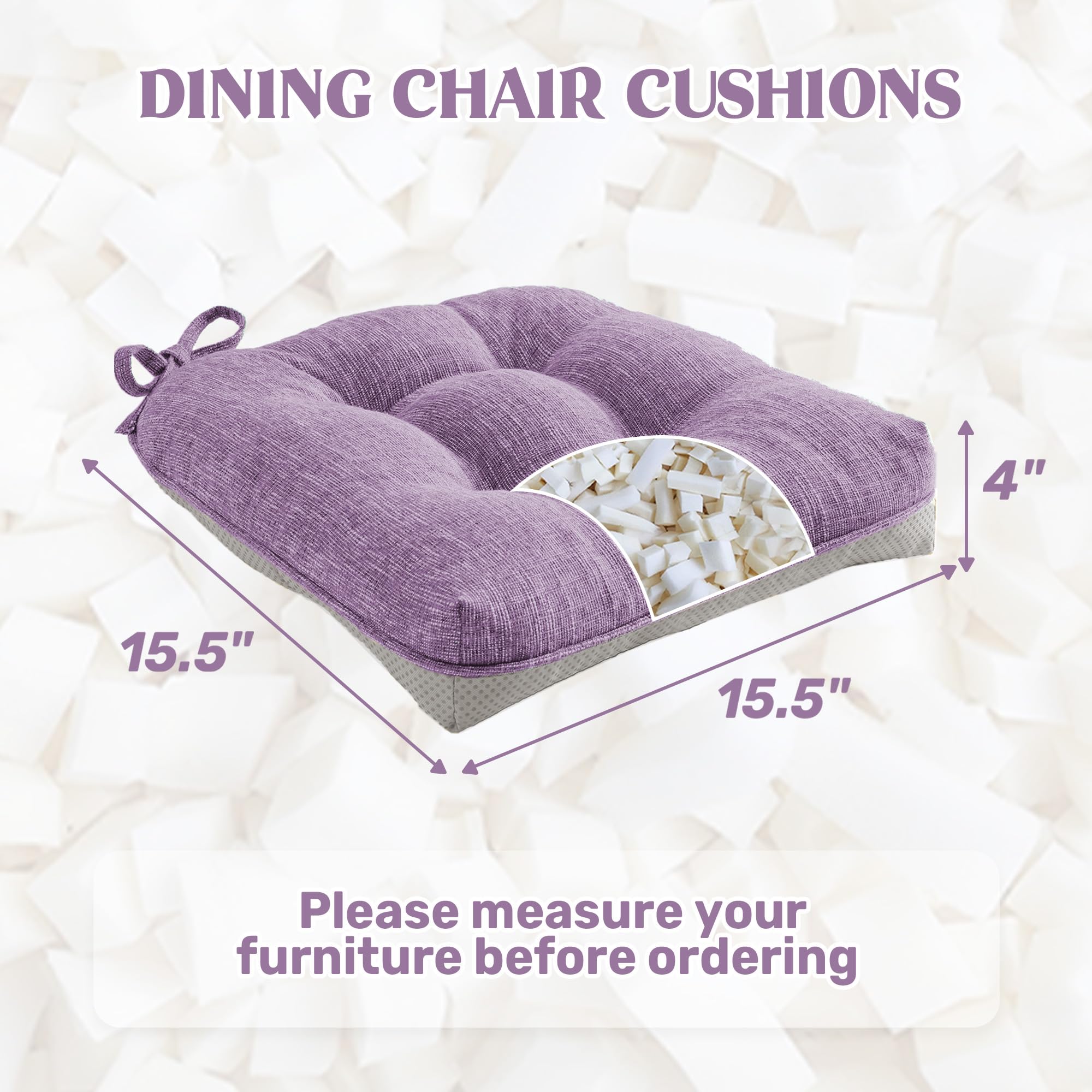 puredown® Chair Cushions for Dining Chairs, Tufted Memory Foam Chair Pads with Non-Slip Backing, Kitchen Seat Cushions with Ties, Washable Seat Pad Set of 4, 15.5" x 15.5" x 4", Light Grey