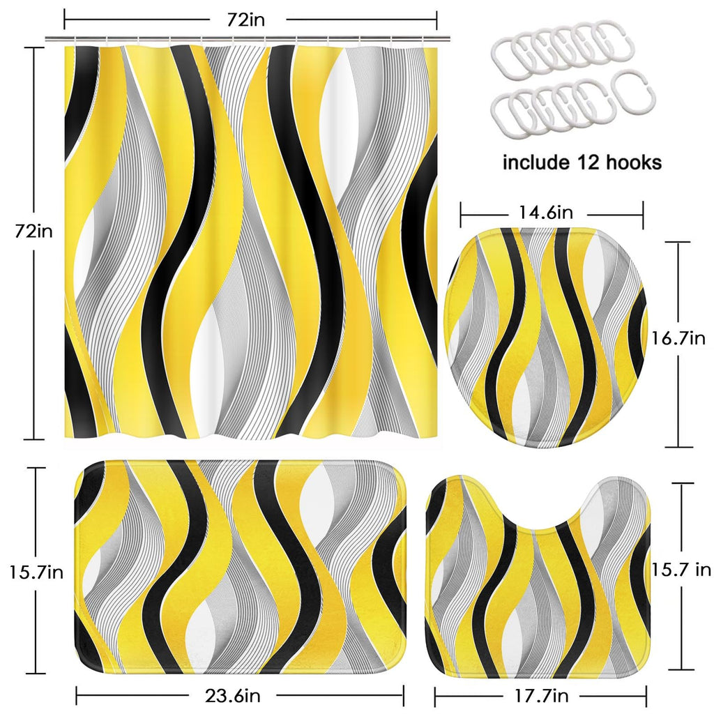 Beige Geometric Shower Curtain Set with Toilet Lid Cover and Non-Slip Rugs for Bathroom, Black Grey White Checkered 4 Pcs Shower Curtain, Modern Abstract Bathroom Set with 12 Hooks