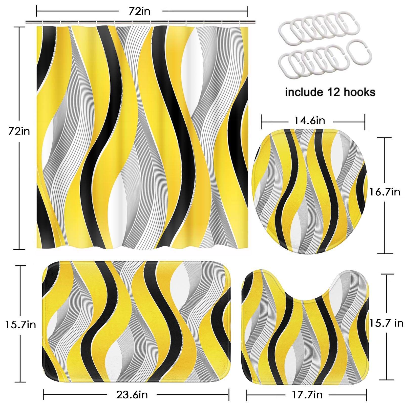 Beige Geometric Shower Curtain Set with Toilet Lid Cover and Non-Slip Rugs for Bathroom, Black Grey White Checkered 4 Pcs Shower Curtain, Modern Abstract Bathroom Set with 12 Hooks