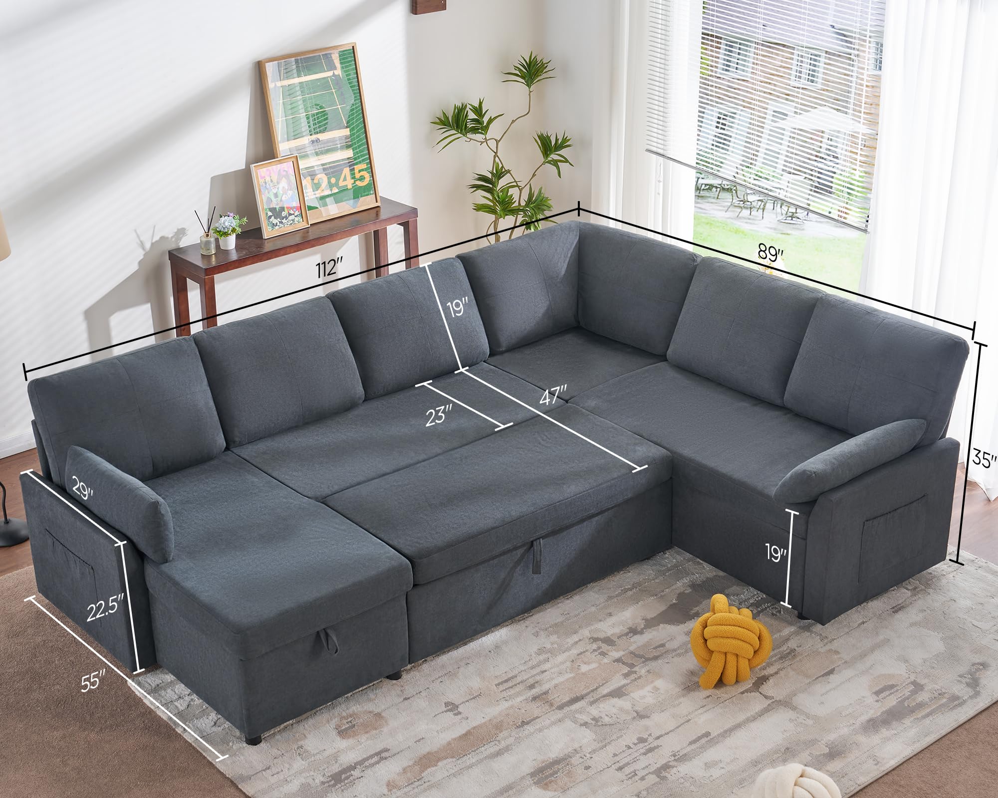 PaPaJet Sofa Bed, Sleeper Sofa with Storage Chaise, L Shaped Sofa with Pull Out Bed, Oversized Sofas for Living Room, Beige