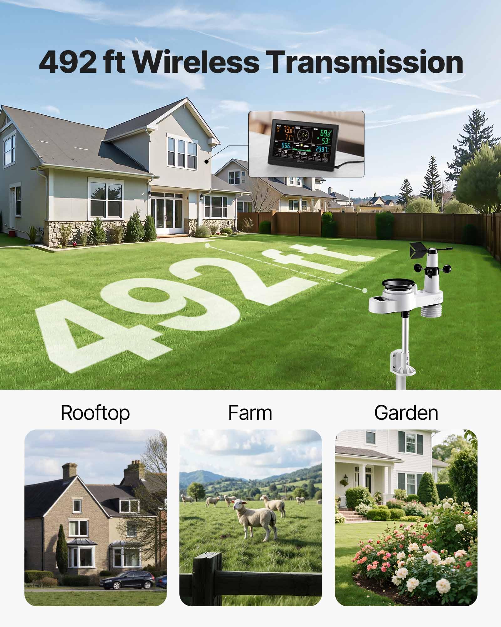VEVOR 5-in-1 Wireless Weather Station, 7.5-Inch VA Display, Solar Powered Outdoor Sensor, Rain Gauge, Indoor Outdoor for Weather Forecast, Temperature, Humidity, Wind Speed and Direction (No WiFi)