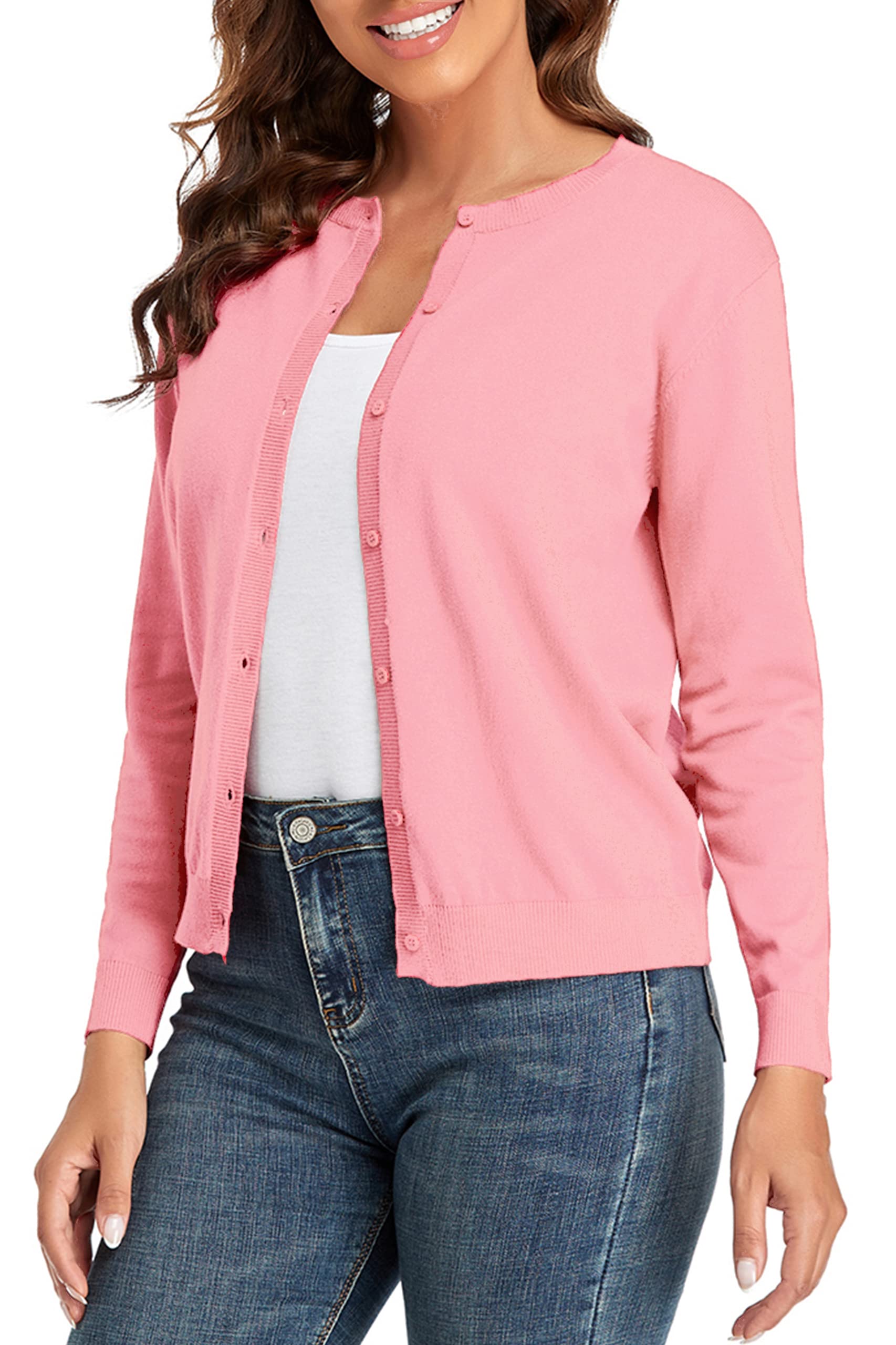 CUNYI Women's Crew Neck Cardigan Long Sleeve Sweater for Women Button Down Soft Knit Ladies Cardigan Sweates Coat