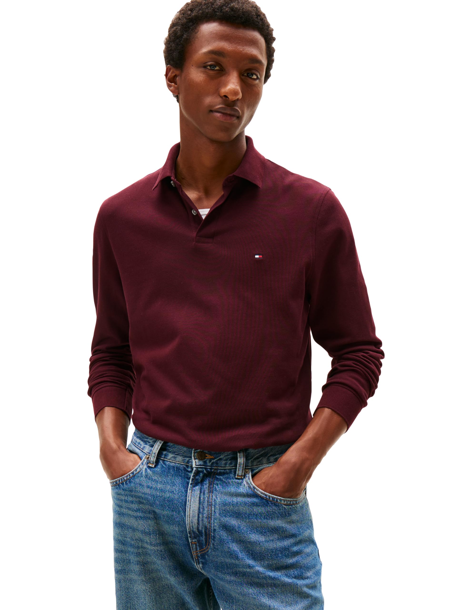 Tommy Hilfiger Men's Long Sleeve Polo Shirts in Regular Fit with Stretch and Organic Pique Cotton
