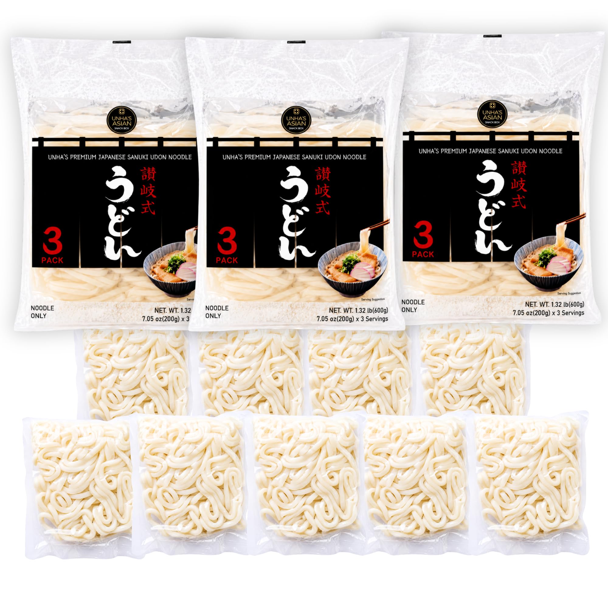 Unha's Japanese Sanuki Fresh Udon Noodles, Jumbo Chewy, 21.15 oz 1 Pack | jumbo chewy udon, no soup included, yaki udon stir fry, noodle soup, nabeyaki hot pot, quick meal