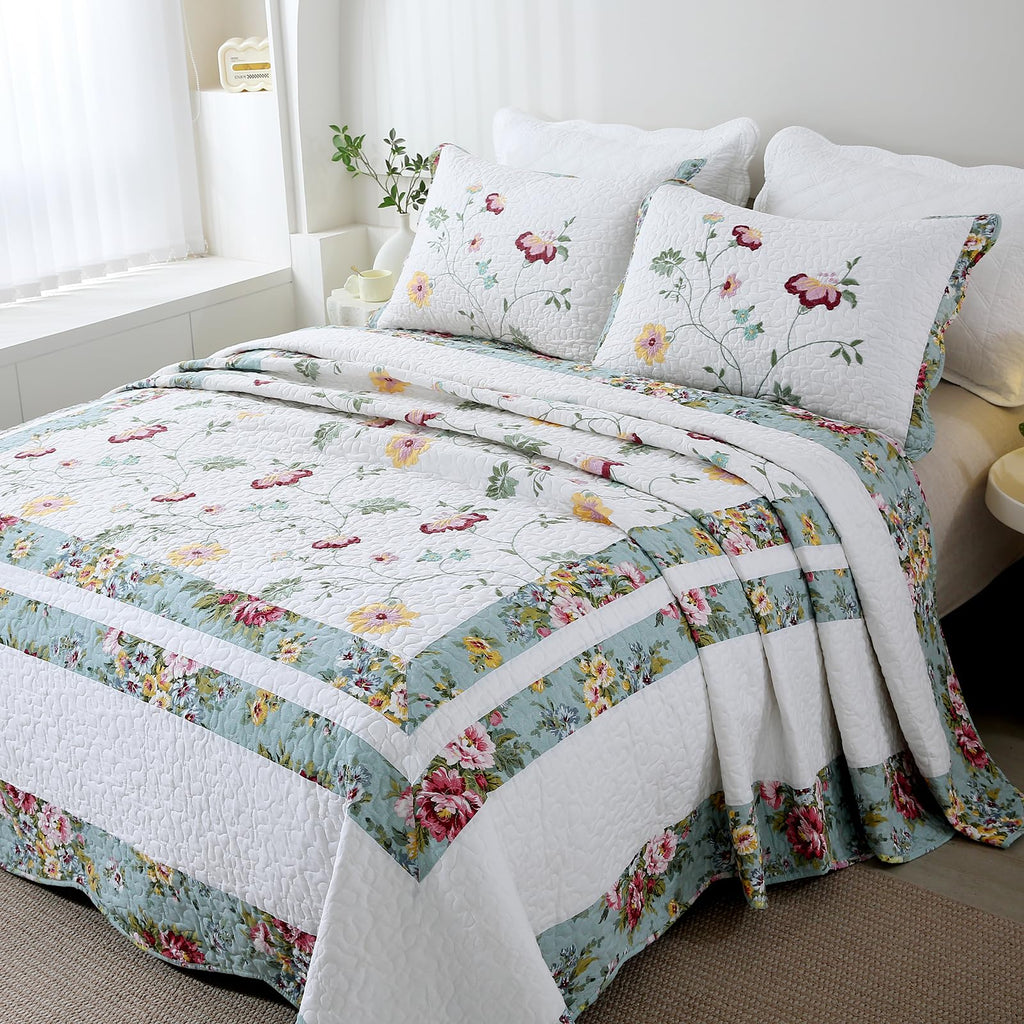 vctops 3-Piece Floral Embroidered Bedspread Coverlet Set Twin Size 100% Cotton Reversible Patchwork 1 Quilt and 2 Pillow Shams (Flower,Twin)