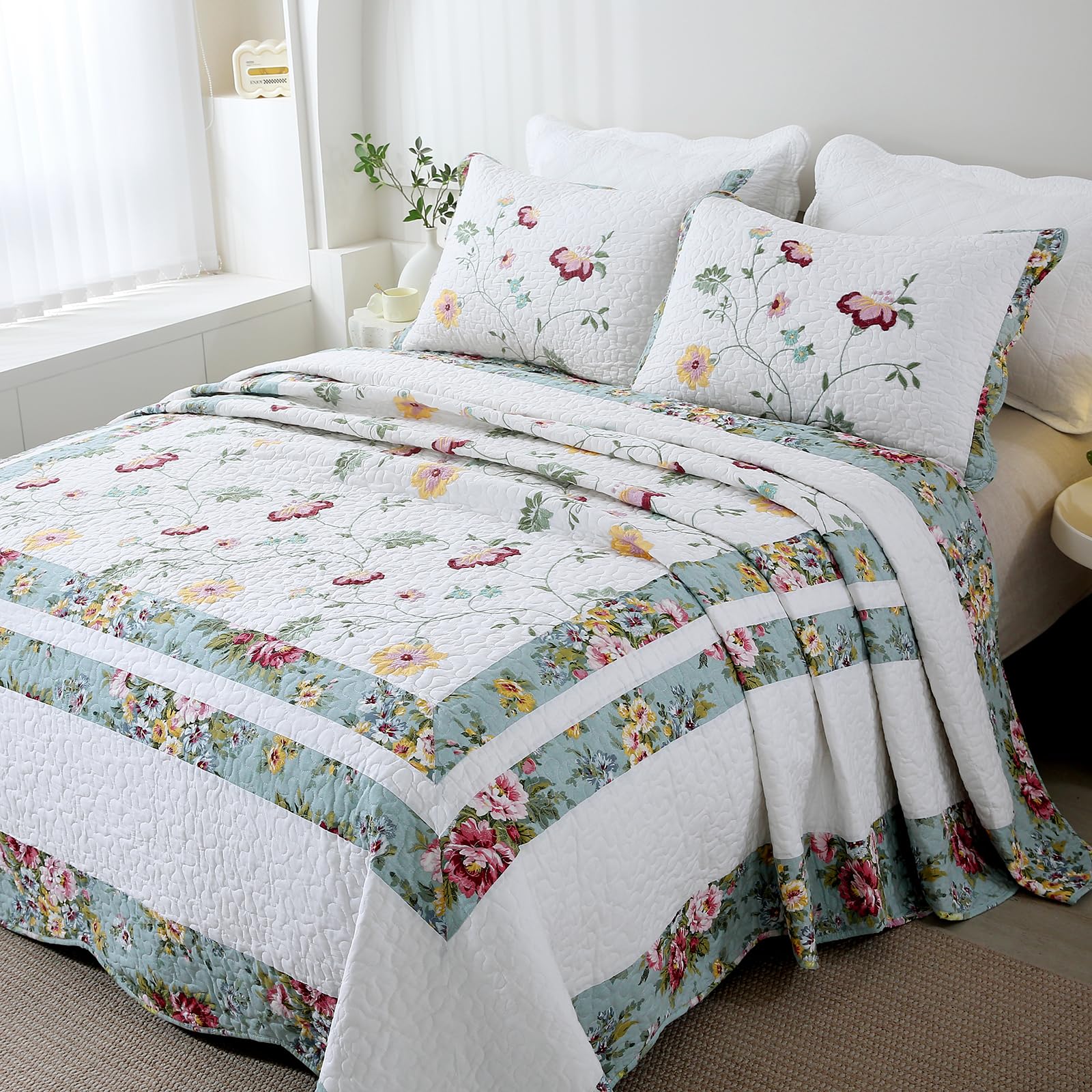 vctops 3-Piece Floral Embroidered Bedspread Coverlet Set Twin Size 100% Cotton Reversible Patchwork 1 Quilt and 2 Pillow Shams (Flower,Twin)