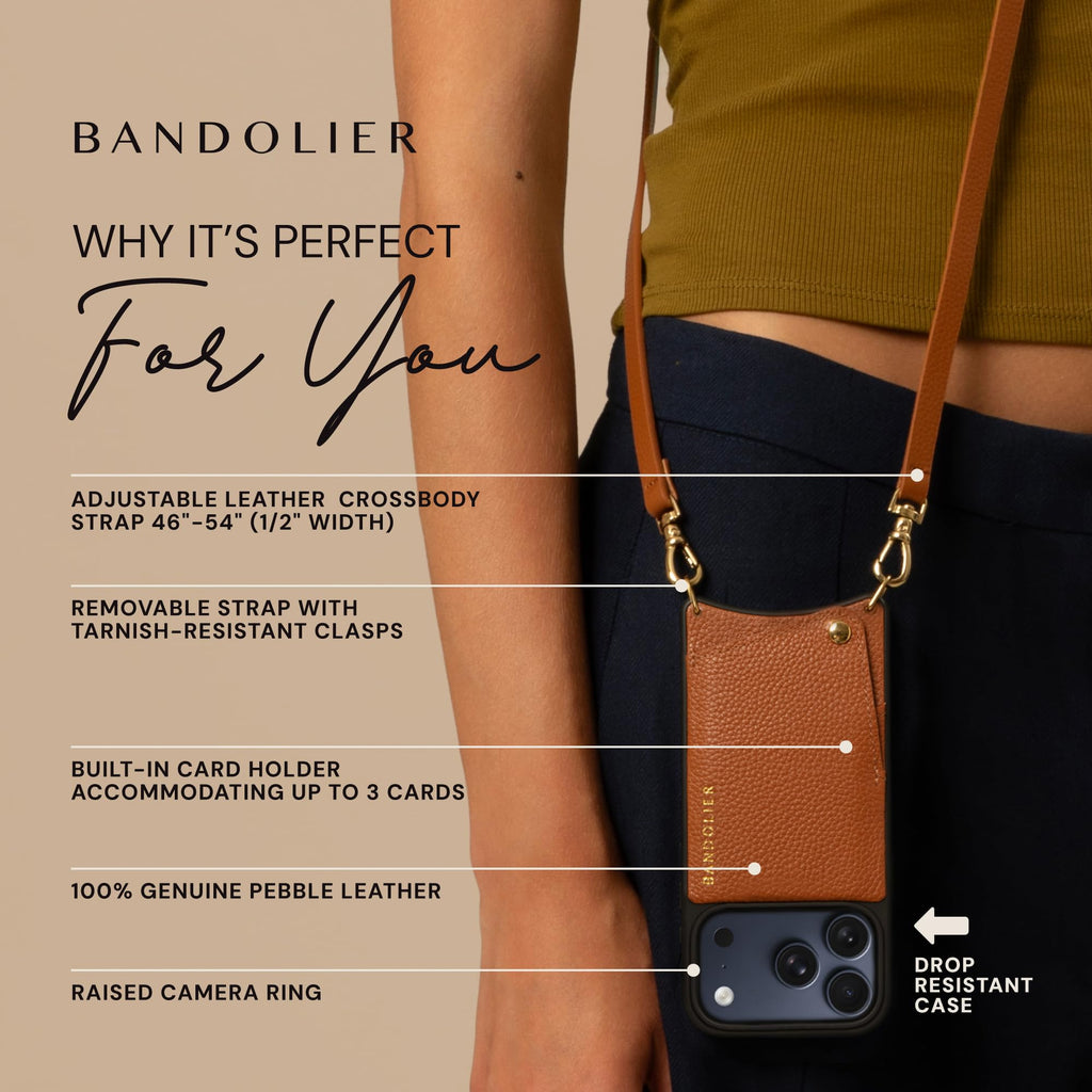 Bandolier Emma Crossbody Wallet Phone Case for iPhone 15 Pro Max. 100% Genuine Pebble Leather. Adjustable & Removable Crossbody Strap. Card Holder with Snap Closure. Black with Gold Hardware