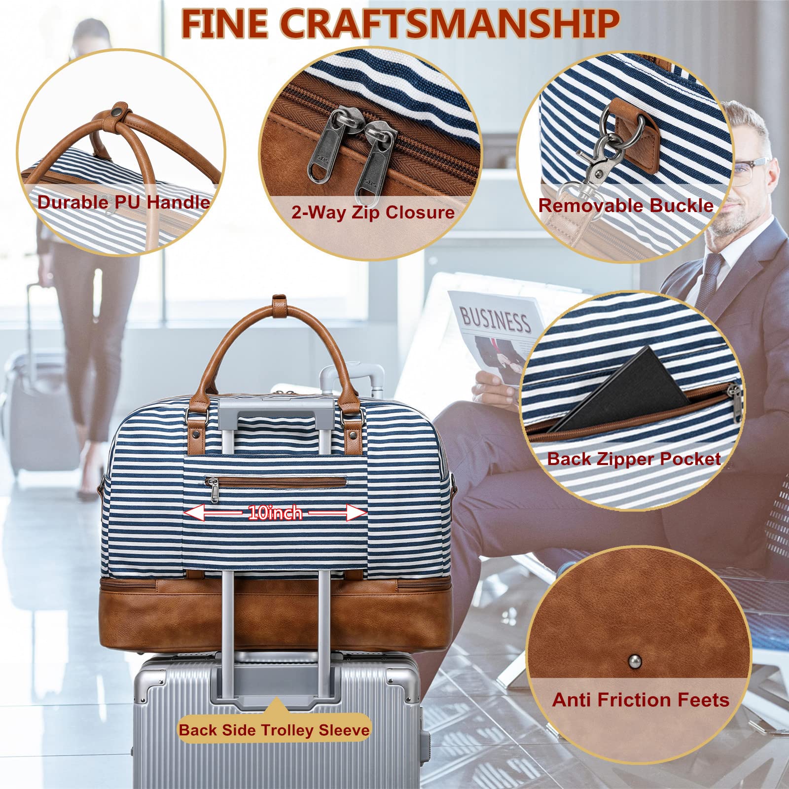 Wogarl 4PCS Weekender Bags for Women Large Overnight Weekend Travel Duffel Carry on Shoulder with Shoe Compartment Canvas Toiletry Bag for Travel Business Gym