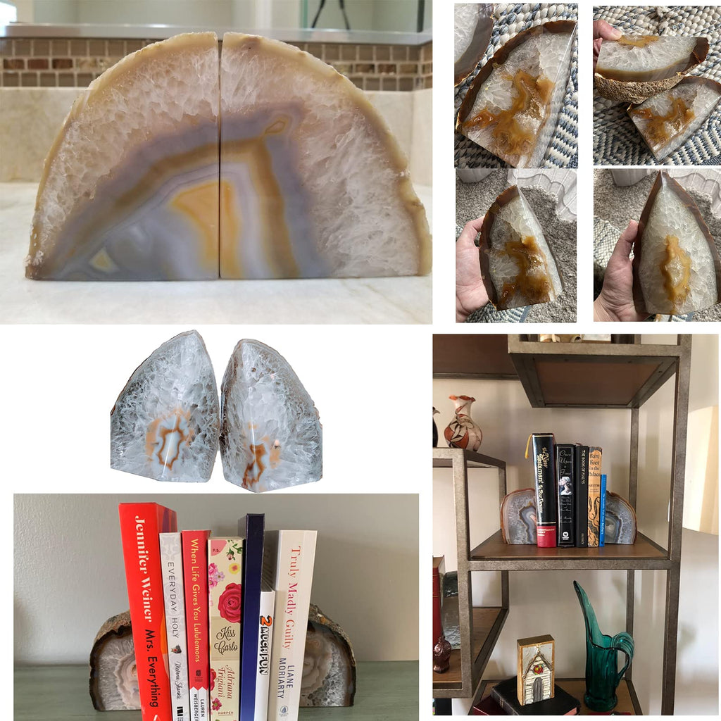 JIC Gem Black Agate Geode Bookends 2-3 Lbs Anti-Slip Rubber Pads Heavy Duty | 1Pair Natural Black Agate Crystal Decor for Shelves & Desk, Unique Small Stone Book Holder Gift for Office & Home Decoration