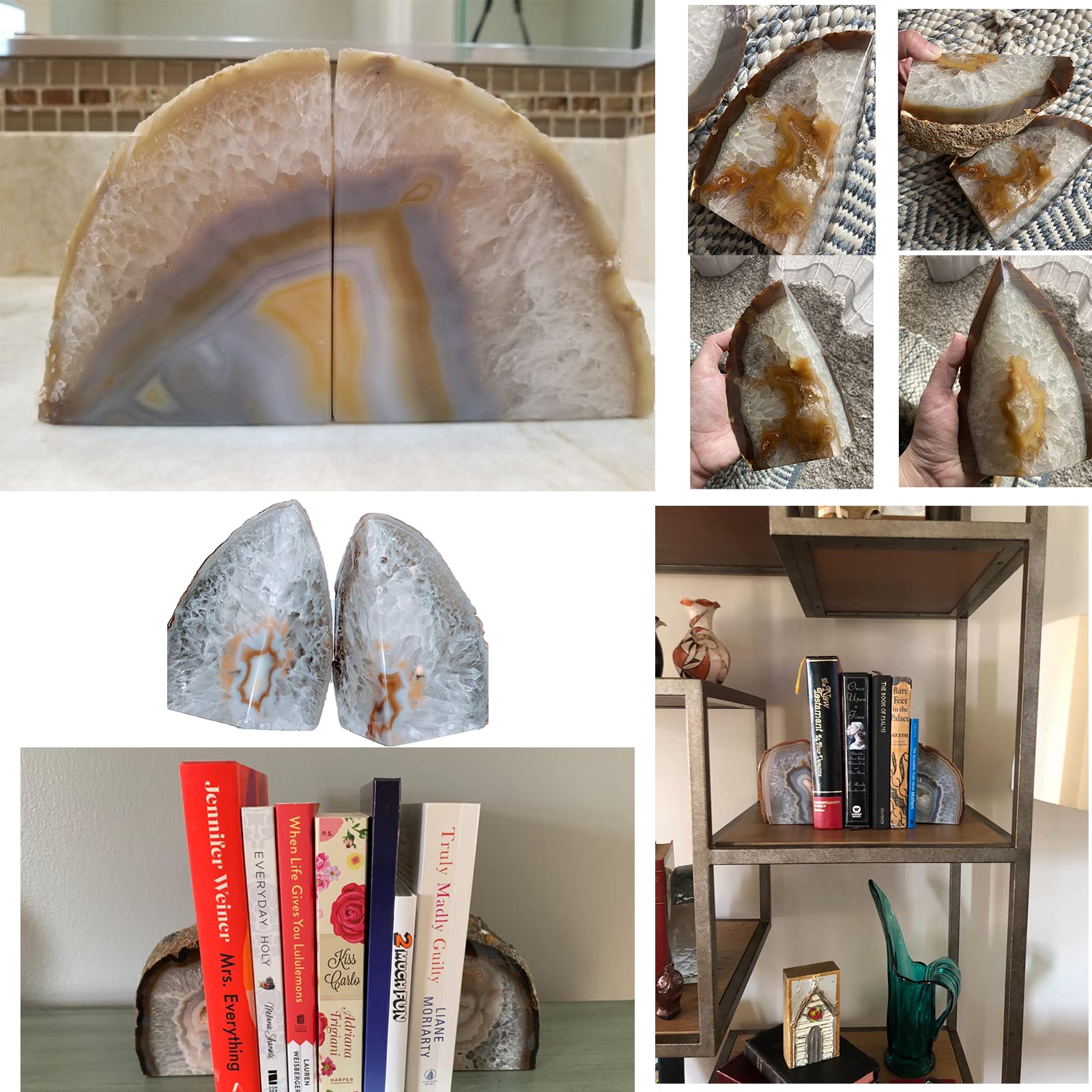 JIC Gem Black Agate Geode Bookends 2-3 Lbs Anti-Slip Rubber Pads Heavy Duty | 1Pair Natural Black Agate Crystal Decor for Shelves & Desk, Unique Small Stone Book Holder Gift for Office & Home Decoration