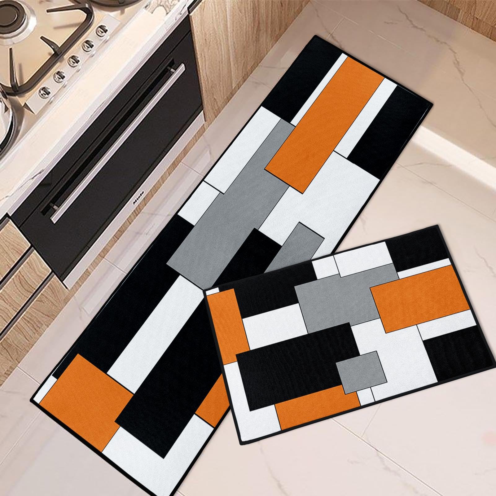 Blue Kitchen Rugs and Mats Non Skid Washable Set of 2, Grey White Modern Abstract Mats for Floor, Geometric Painting Runner Rug Graffiti Art Kitchen Decor