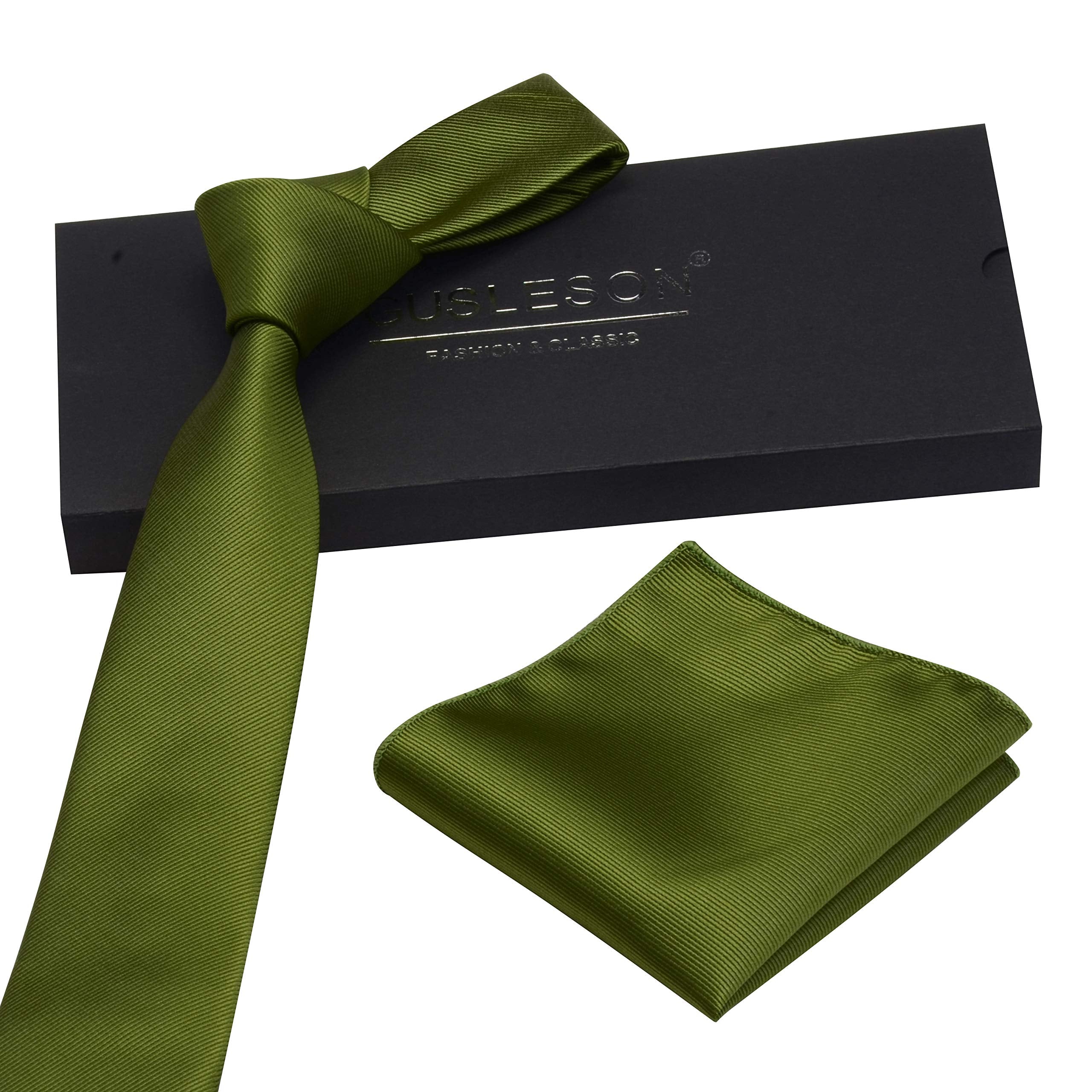 GUSLESON 2.4" Slim Necktie and Handkerchief Set For Men Solid Skinny Tie Set
