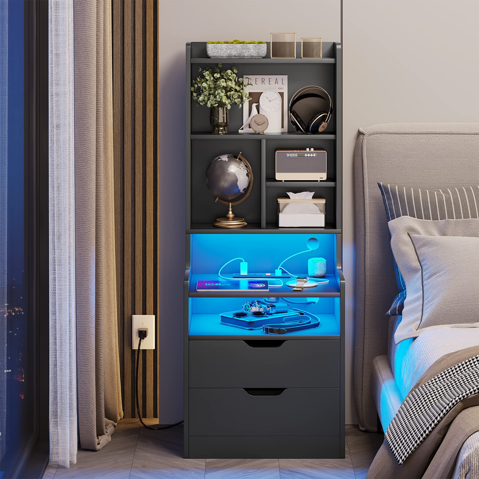 BTHFST Tall Nightstand with LED Lights and Charging Station, LED Black Nightstand with Shelves and 2 Drawers, Bedside Table with Bookshelf, Tall Side End Table with Storage