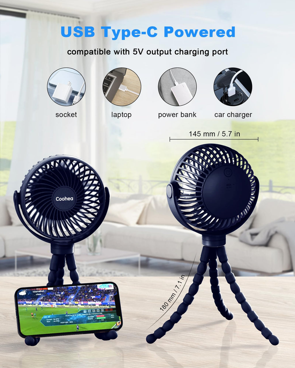 Coohea Stroller Fan Clip on for Baby, 4000mAh Rechargeable Battery Operated, Flexible Tripod, 3 Wind Speed, 360° Rotatable, Small Cooling Portable Fan for Car Seat Crib Golf Cart Bike Treadmill, Black