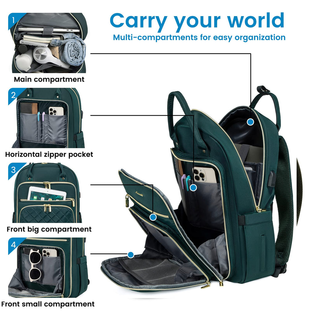 LOVEVOOK Laptop Backpack for Women, Water Resistant Travel Work Backpacks Purse College Business Teacher Nurse Computer bag with USB Charging Port