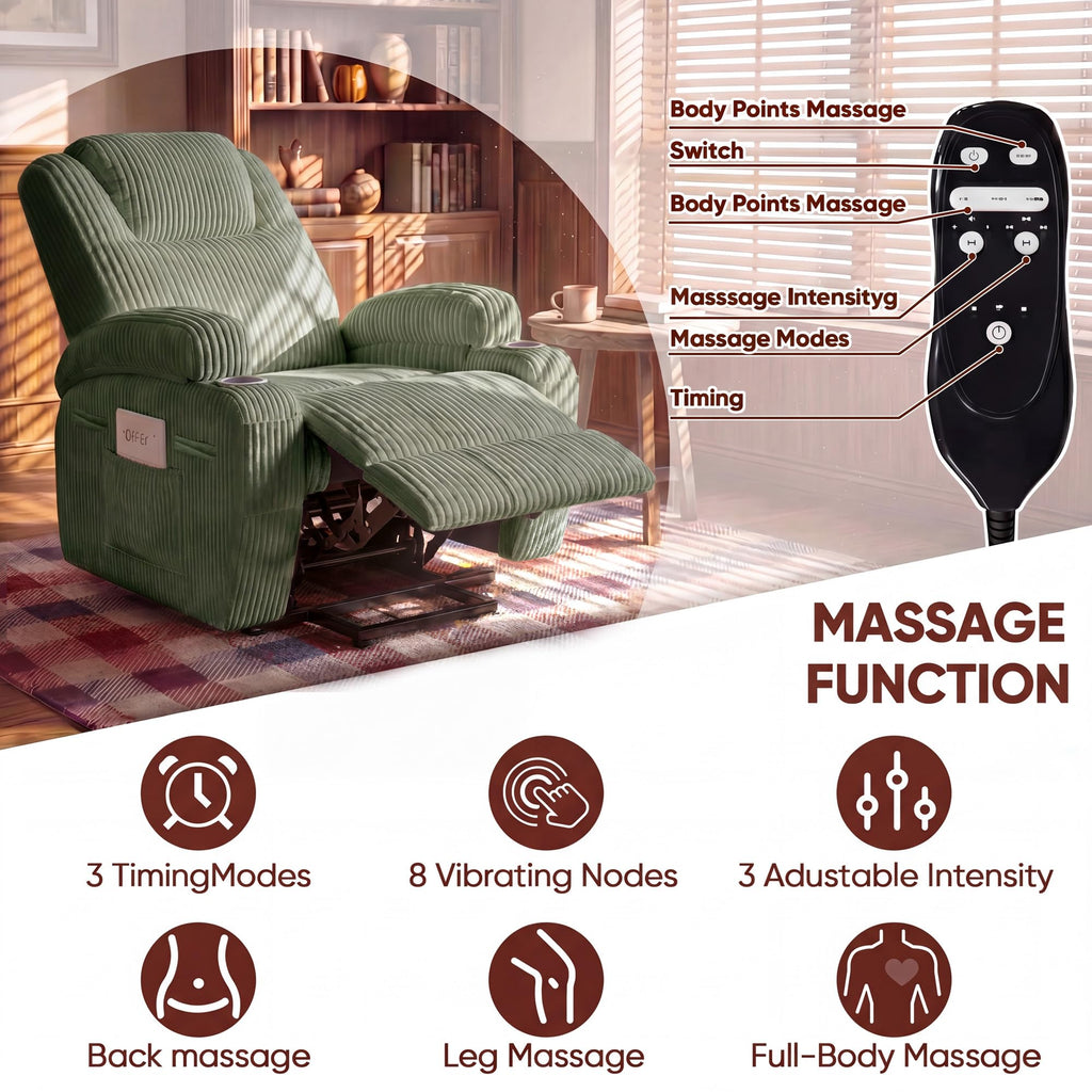 Furmax Electric Power Lift Recliner Chair with Massage for Elderly Corduroy Fabric Recliner Single Sofa with Cup Holders, Side Pockets and Remote Control for Living Room Bedroom (Leathaire, Brown)
