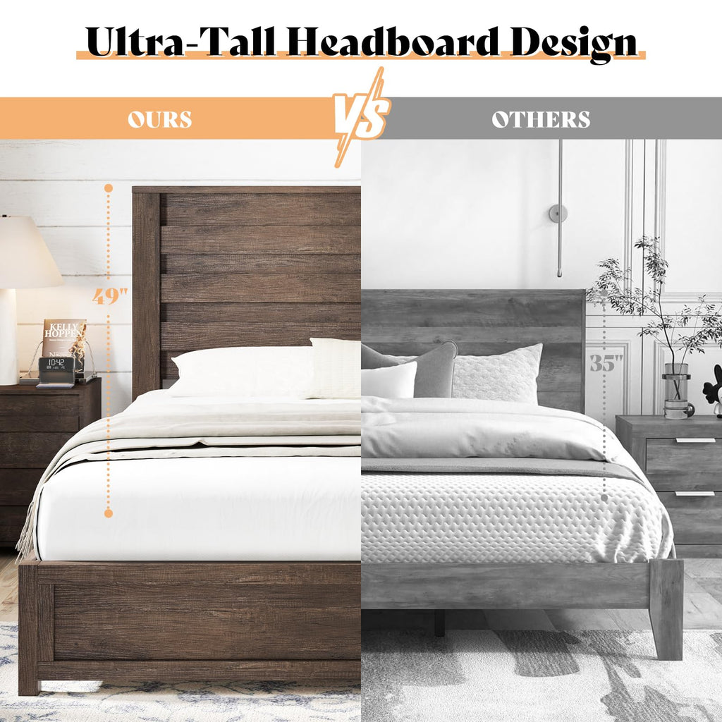 AMERLIFE Farmhouse Full Size Bed Frame with 49" Fluted Headboard, Wood Platform Bed with Natural Grain, No Box Spring Needed/Noise Free, Black