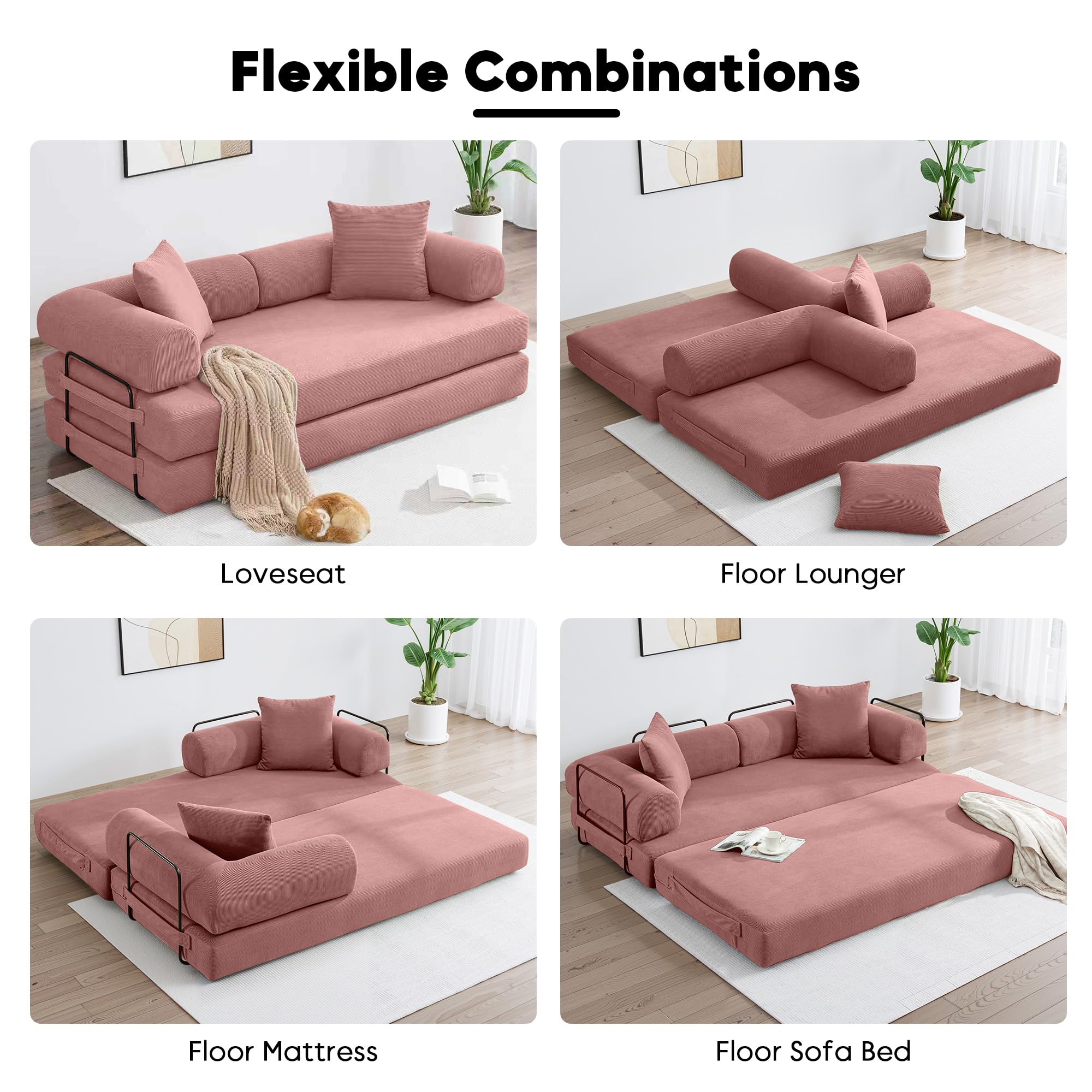 ZEIINPA 59“ Convertible Floor Sofa Bed, 5-in-1 Futon Sofa Bed Pull Out Sleeper Couch, Modern Corduroy Compressed Loveseat, Modular Boneless Couches for Living Room, No Assembly Required, Beige