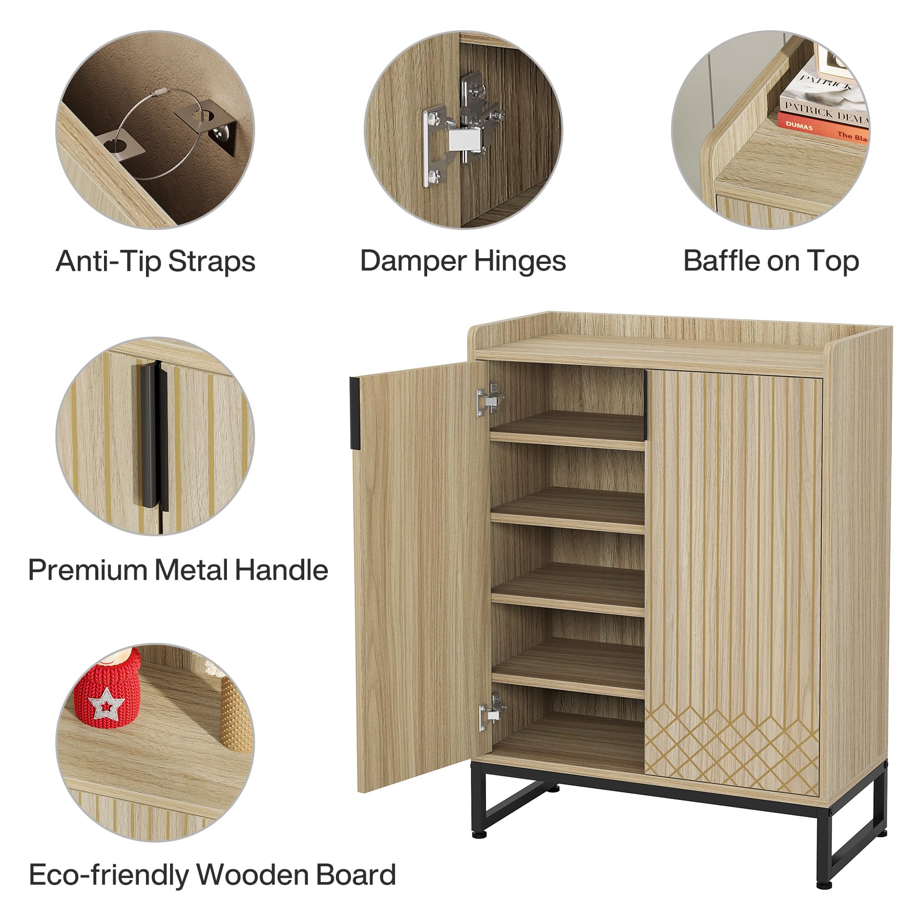 Tribesigns Modern Shoe Cabinet for Entryway, 25 Pairs Shoe Cabinet with Doors, Wood 5-Tier Shoe Organizer, Freestanding Brown Shoe Storage Cabinets with Black Metal Frame for Bedroom Living Room