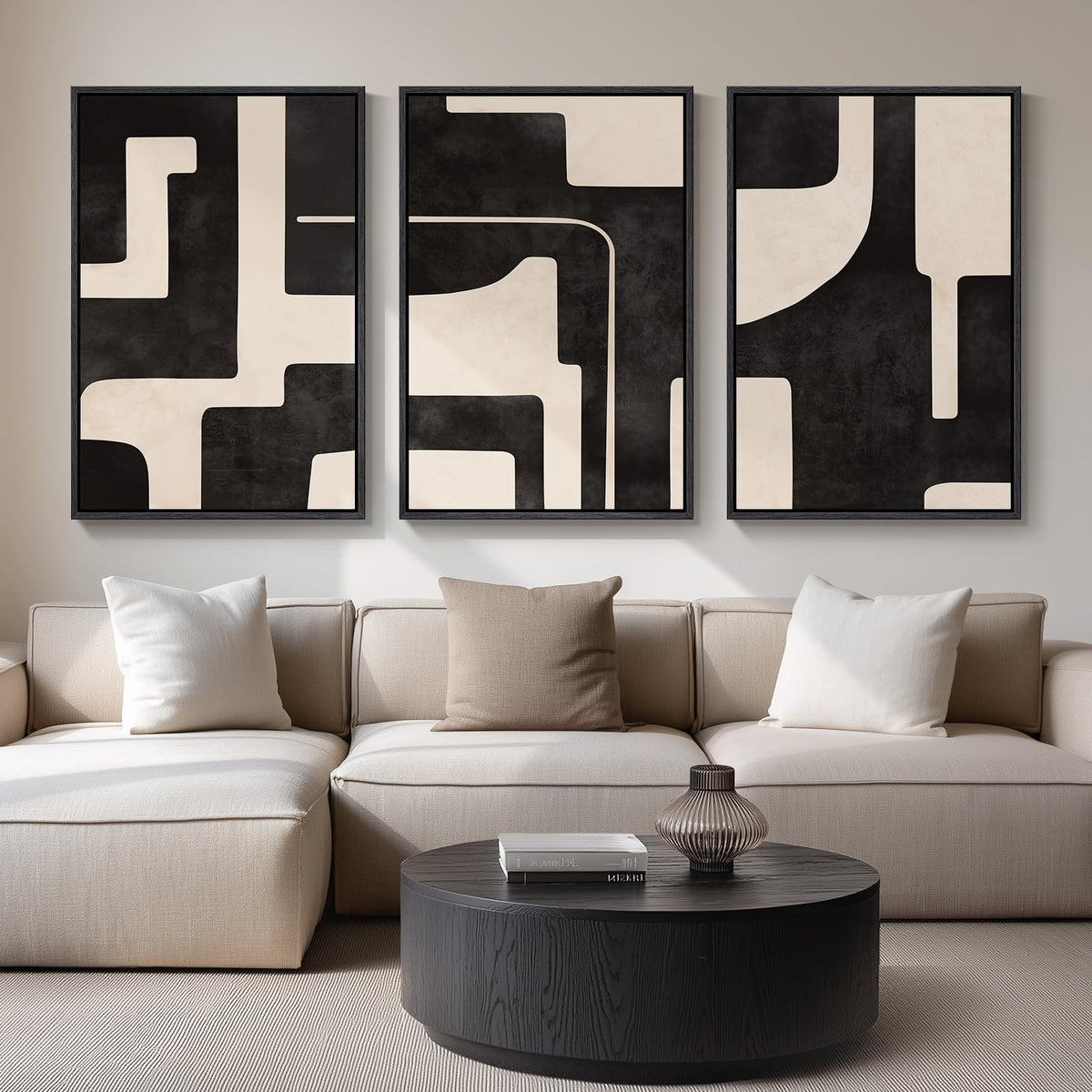 Framed Black and White Modern Abstract Wall Art, 3 Piece Canvas Prints Paintings Artwork for Walls, Minimalist Black White Grey Pictures for Living Room Dining Room Bedroom Office Wall Decor 16x24 In