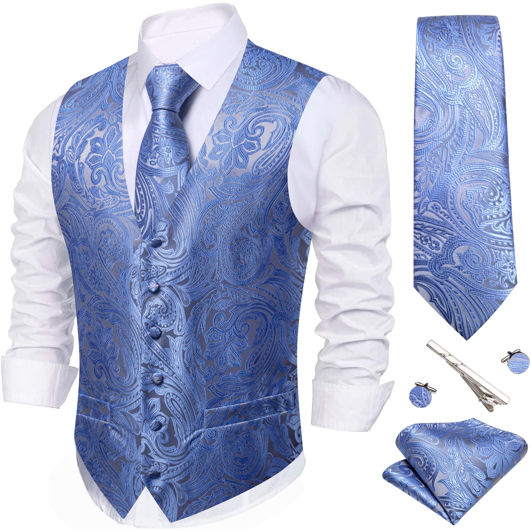 Barry.Wang Men's Suit Vest Formal/Leisure Paisley Jacquard Silk Tie Pocket Square Waistcoat Set Wedding 5PCS