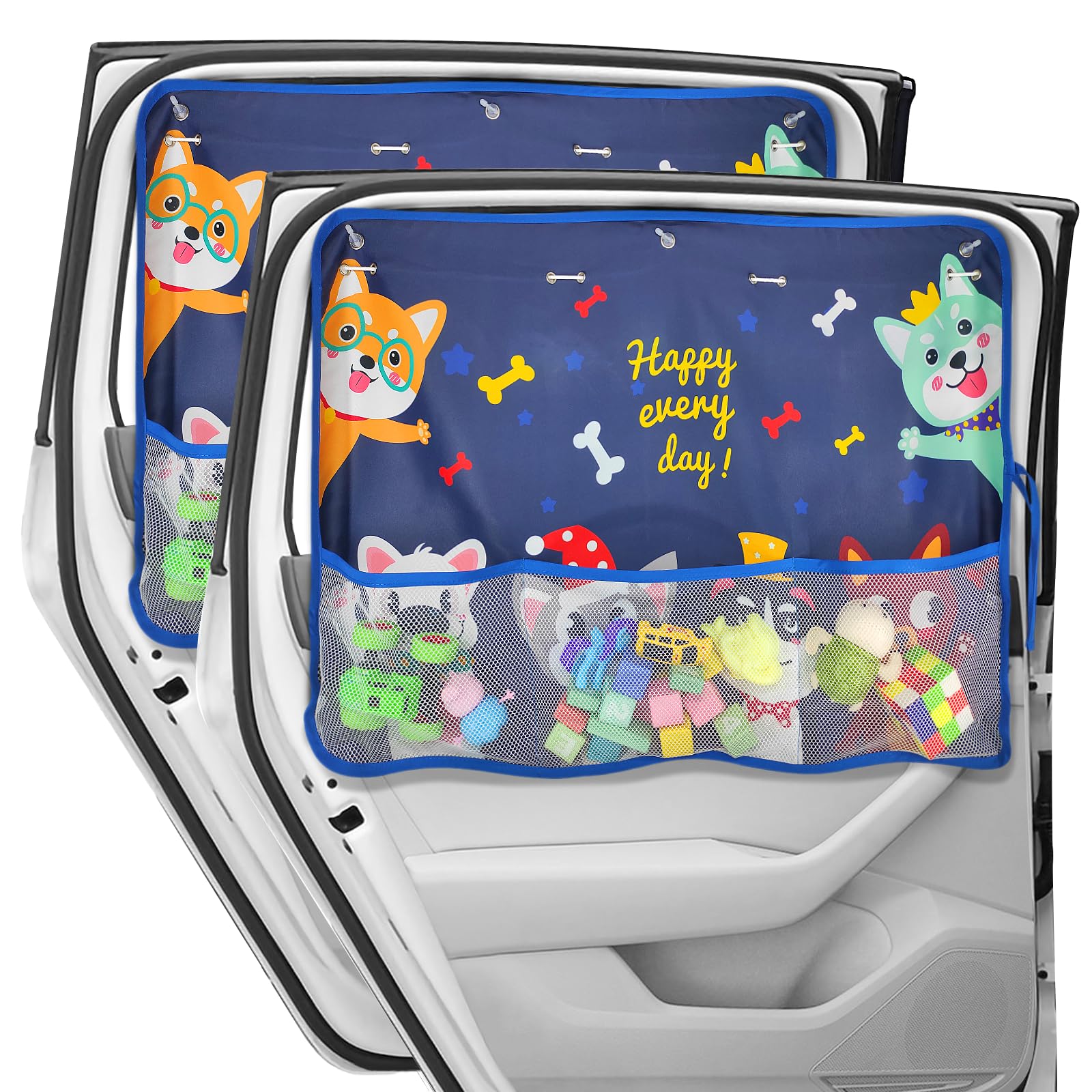 Car Sun Shade Side Window, 2 Pcs Blackout Car Window Shade for Baby Privacy with Storage Net Pockets Auto Curtains 7 Suction Cups for Heat/UV Protection Sun Block Covers