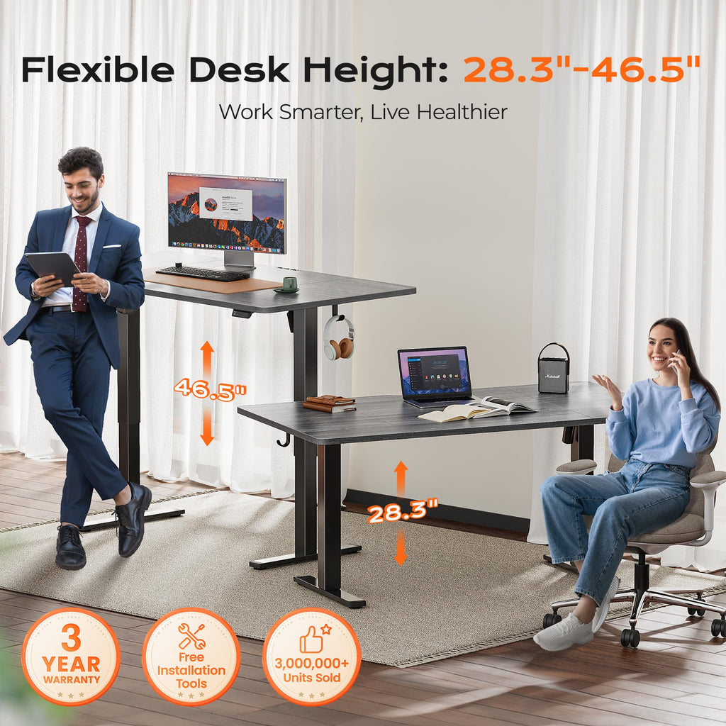 Huuger 48 x 28 Large Electric Standing Desk, Height Adjustable Desk, 27.6" Deep Desktop, Stand up Gaming, 2 Hooks, 3 Preset Heights, for Home Office, Black